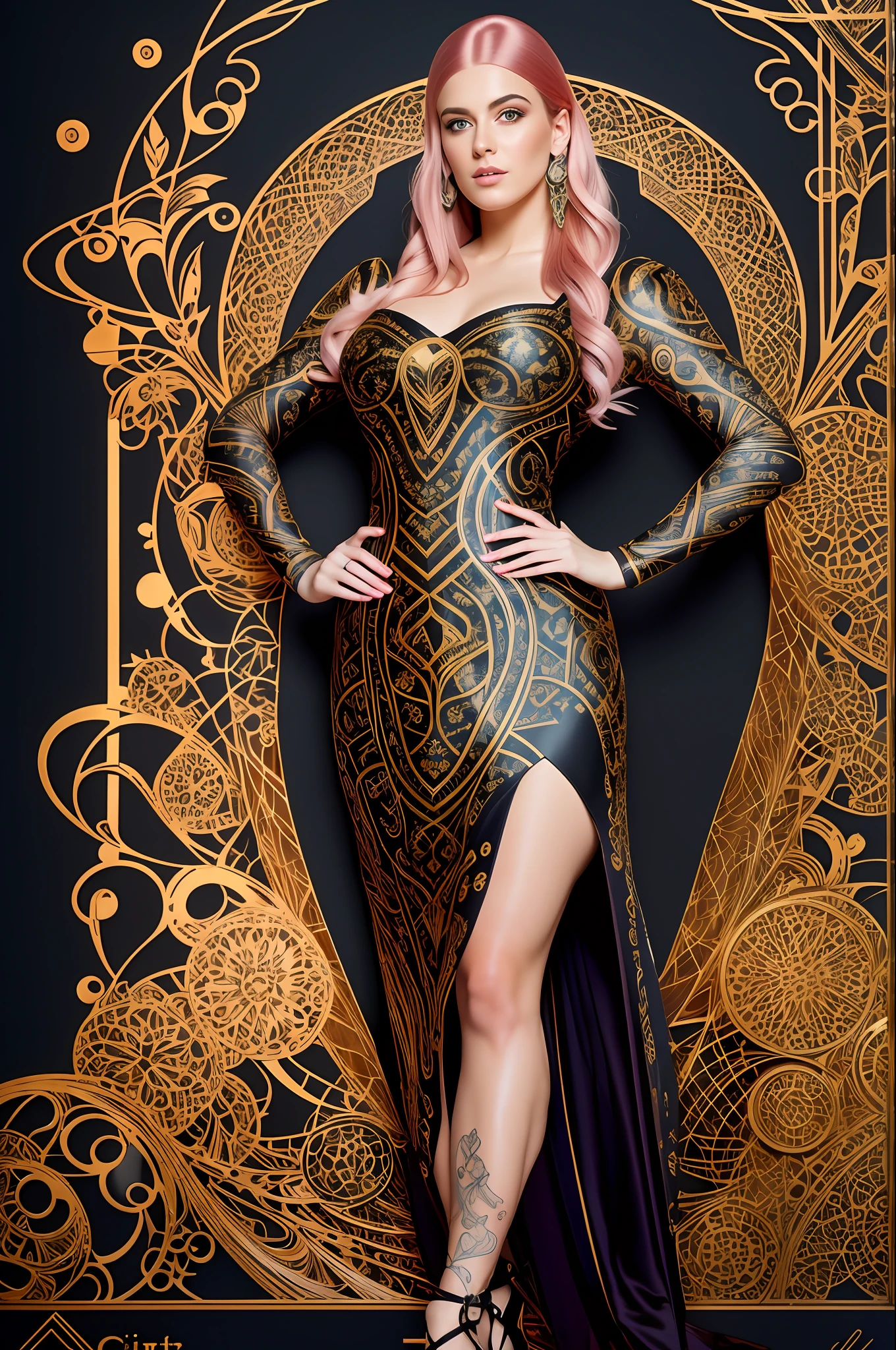 tattooed Teddi Mansueto, full body length standing of a beautiful woman photorealistic, proportional, intense coloring fantasy, light hair, an impressive realistic photograph 20 years, bubblegum pink hair, upper class fashion, random color eyes, full body, cover, dress design has fractal features and tiles, hyper-detailed painting, luminism, octane rendering, bar lighting, complex, {{Martin Ansin}}, 8k resolution conceptual art portrait by Martina Fačková and Prywinko Art, Artgerm, WLOP, Alphonse Mucha, small fusion pojatti realistic steampunk, isometric details fractal bioluminescence: striking color hypereallistic cover photo, hand-drawn, dark, sandy, mucha realistic, klimt, davinci, erte .12k, intricate. hit definition, cinematic, rough sketch, mix of bold dark lines and loose lines, bold lines, on paper, real-life human, bold colors in dresses, {{{{full body}}}}.