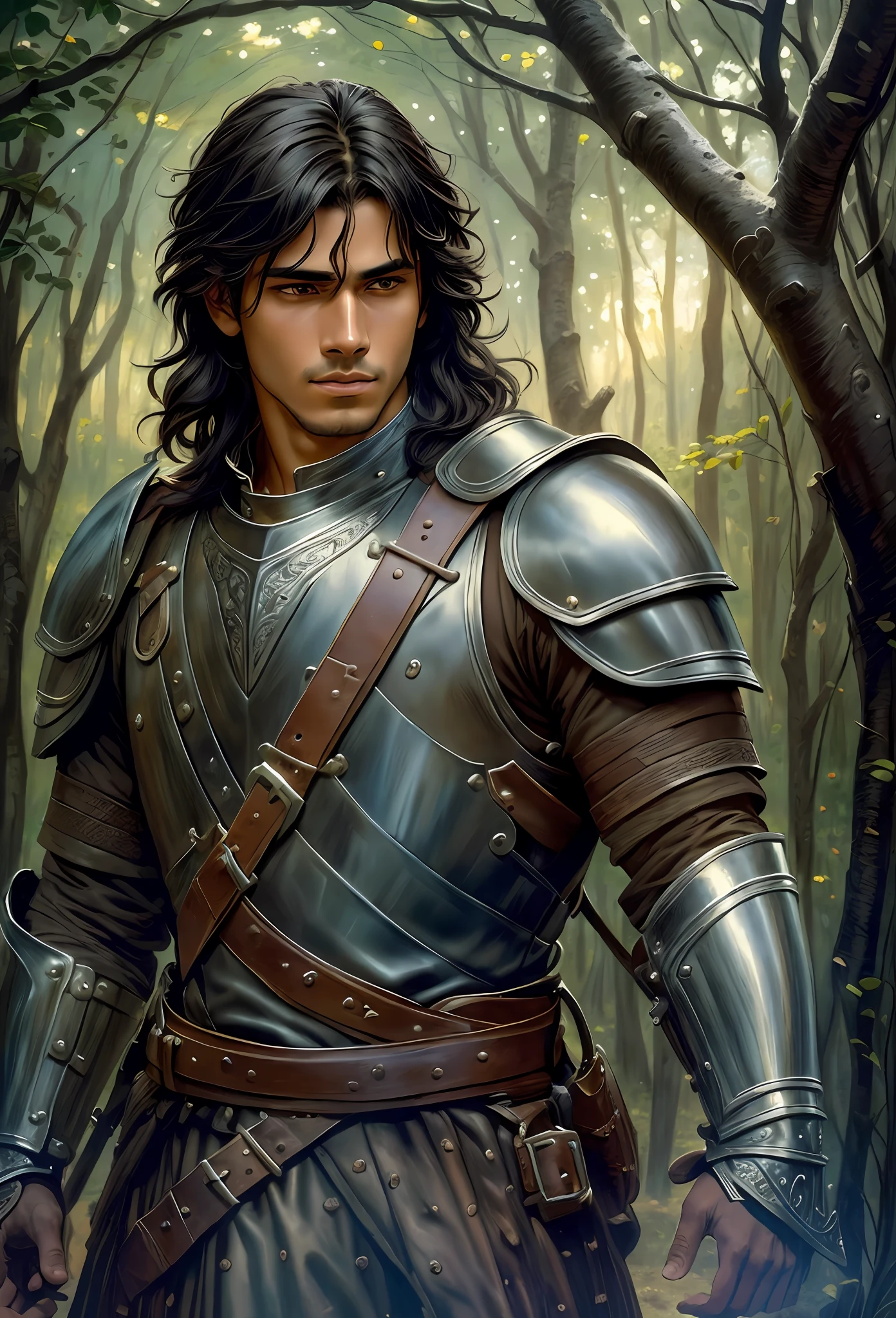 closeup of 1 man 20 years old, attractive, of Latin descent, ((dressed in old torn dirty leather armor)) walking in the forest, at sunset, beautiful face, black hair over shoulders, full and short beard, beautiful sky, (oil painting), classical art: 0.4, detailed, intricate, (fantasy art), muted color: 0.25, best quality, good anatomy,  good composition, good proportions, good design, dynamic pose, good pose, realistic sky, realistic backgrounds, (cinematic), (highest quality, award-winning, masterpiece:1.3), (art by Arthur Rackham:0.5), (((natural colors)))), (photorealistic:1.4) --auto --s2