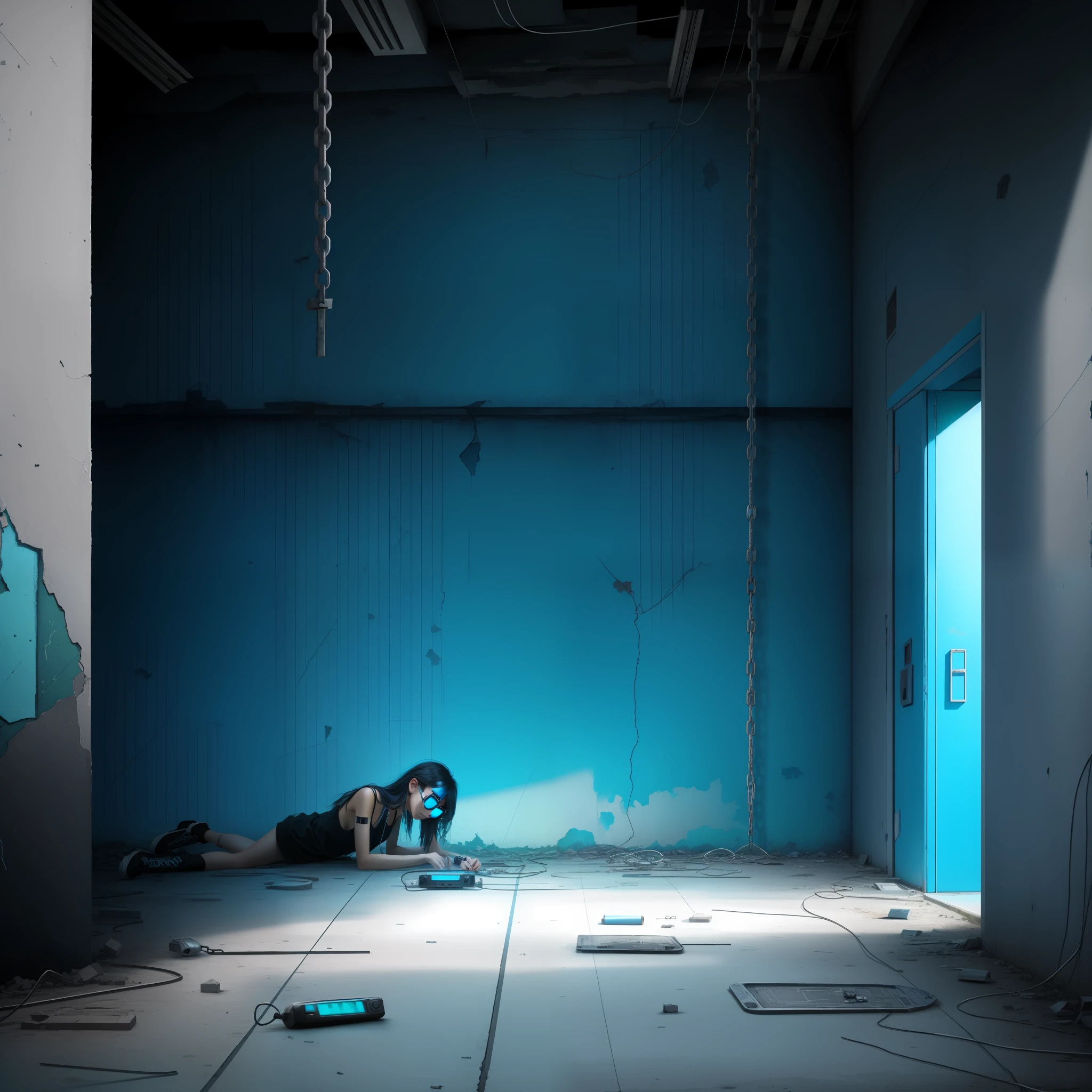 Sad humor, abandoned city, social media empire, people in chains, cell phones on the floor, black and white with shades of neon blue.