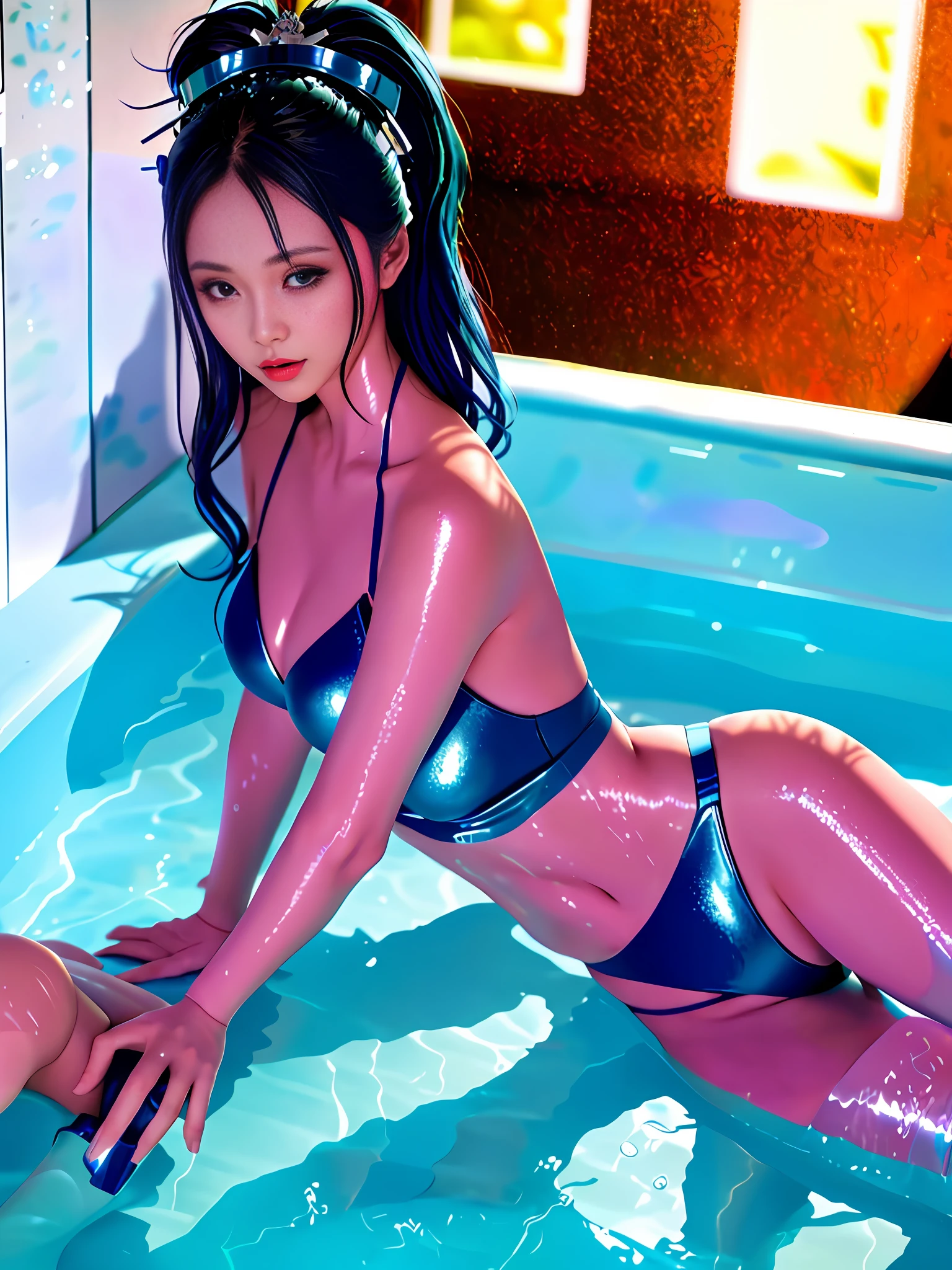 Sexy asian woman posing in blue bikini in bathroom, sexy, mature, feminine makeup, bright blue shiny lingerie, japanese goddess, shiny plastic bikini, wet swimsuit, shiny wet skin!!, Oppai cyberpunk, realistic perfect body, realistic sexy gravure idol, beautiful seductive woman, seductive anime girl, sexy girl, glowing blue light, delicate gravure idol, blue body, blue skin