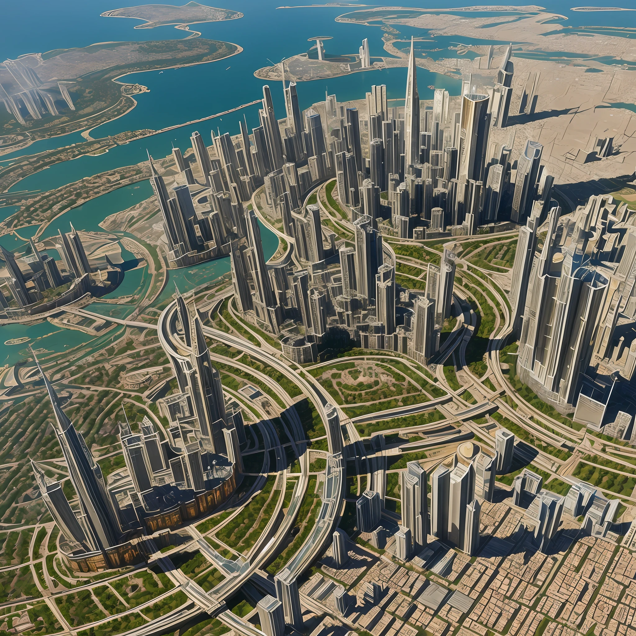 A futuristic gold and silver city seen from above filled with medieval and fractal castles, medieval, Greek and Roman, fractal style skyscrapers, and large water parks, gardens, fields and magnificent highways, giant statues and montains. --auto --s2