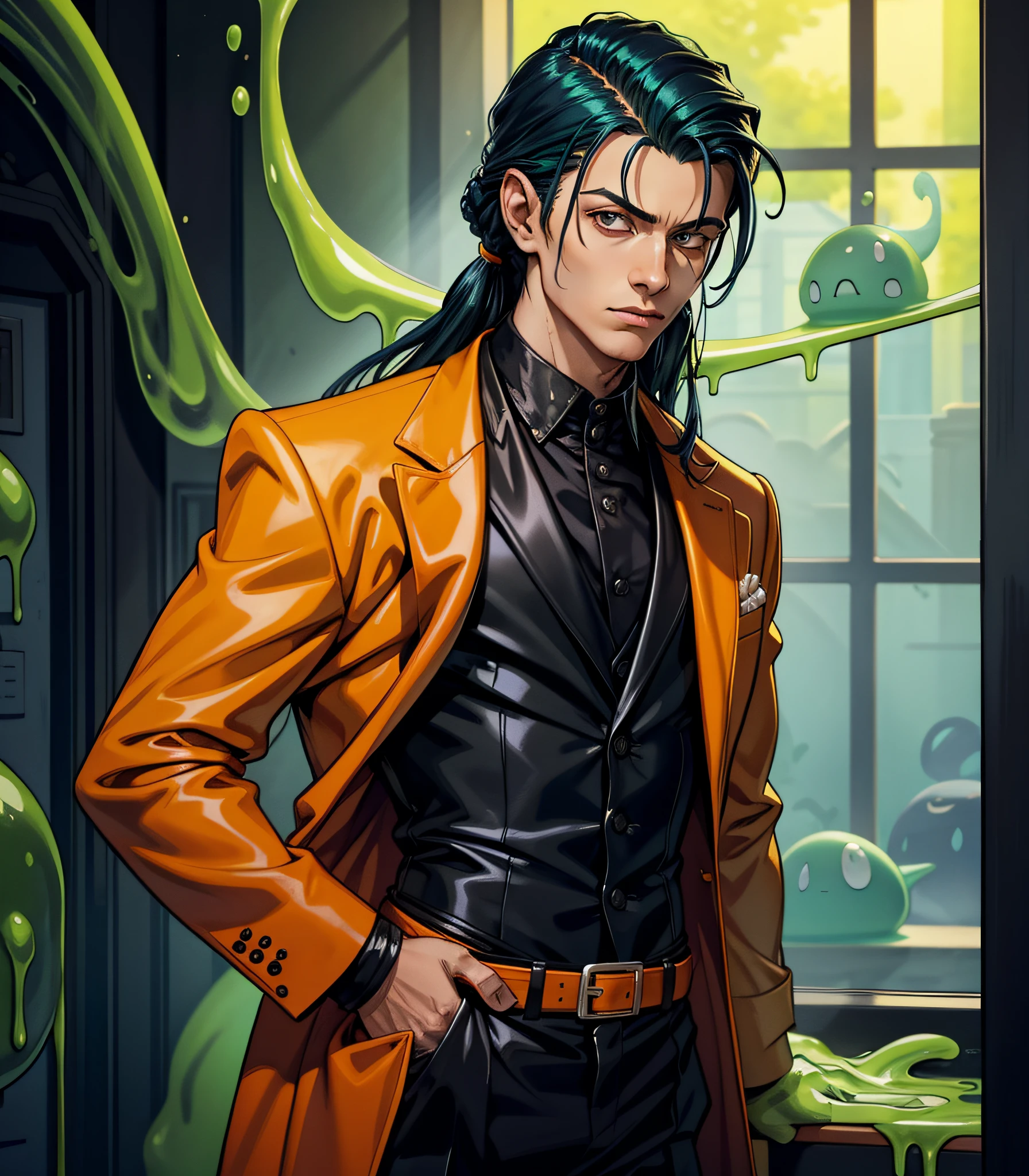Slime boy, (slime) Slime hair Mullet hair style, Outrageous Orange, wearing suit with black stripes, Masterpiece, Best Quality
