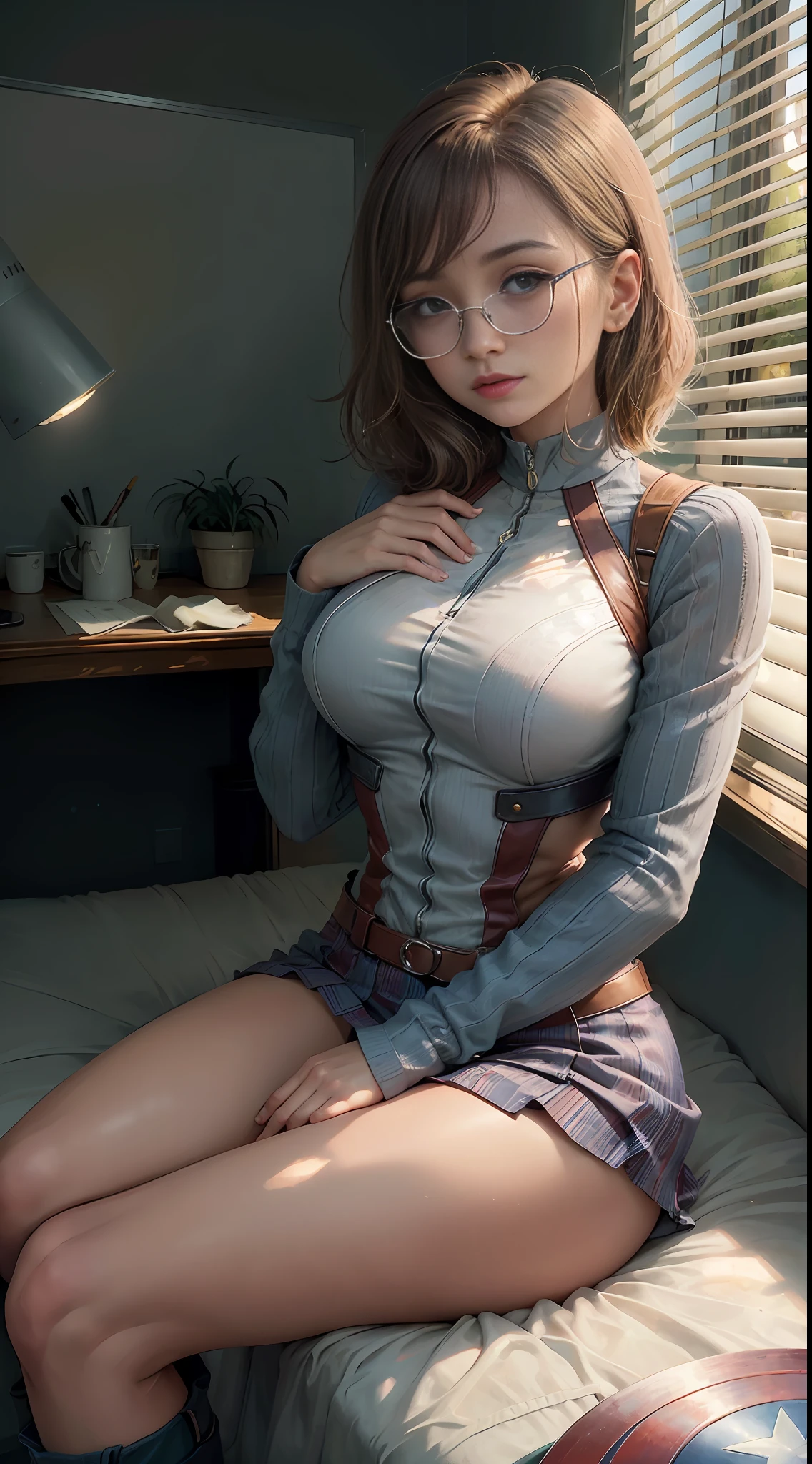 Captain America, bustling metropolis, (inspired by the Avengers), Captain America suit, short skirt, sitting with open legs, (8k, foto RAW, fotorrealista: 1, 25), (muito brilho labial, muitos cílios, melhor qualidade, ultra alta resolução, profundidade de campo, Aberração cromática, luz ampla, cor natural, distant image (1:2)