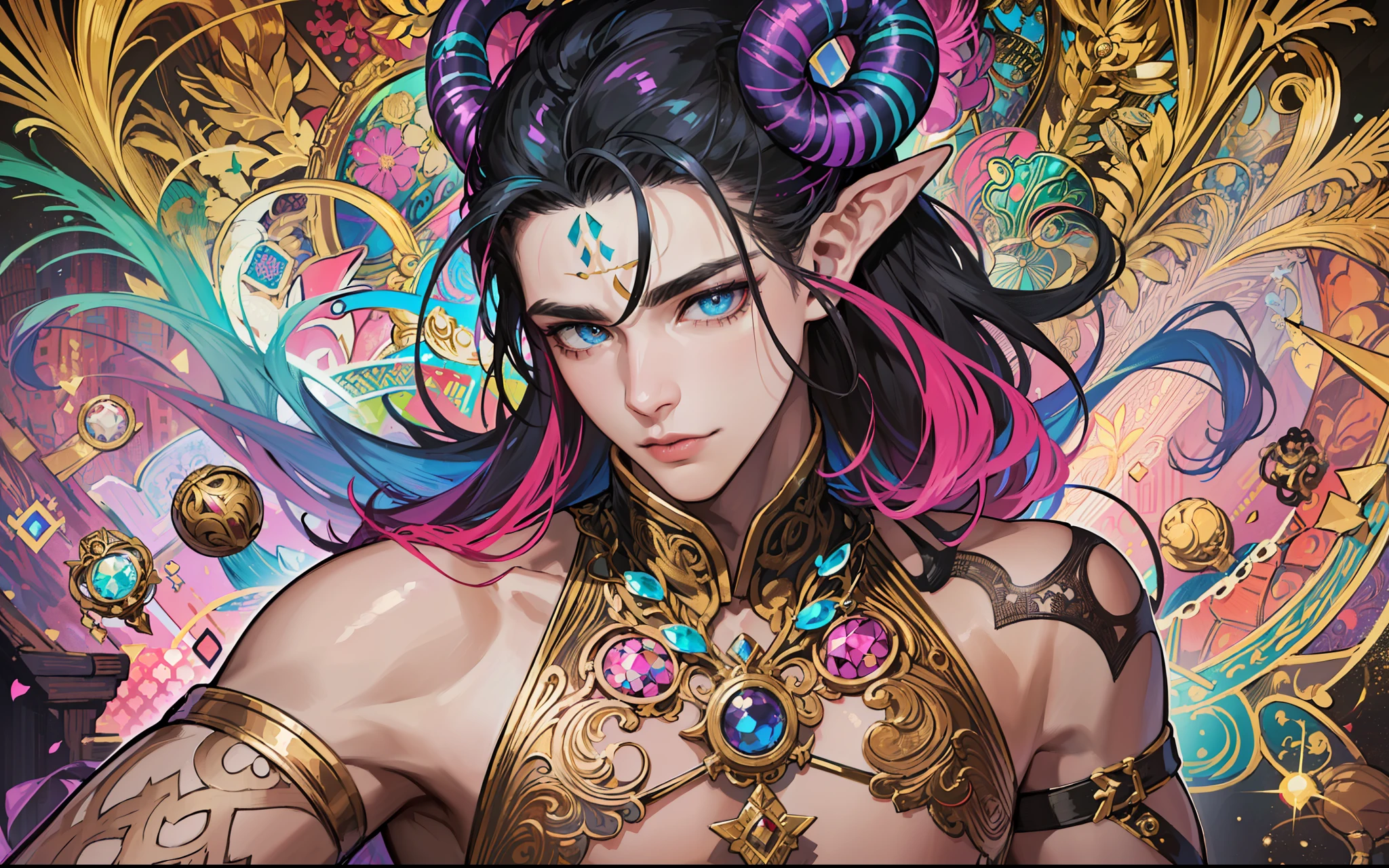 ((highest quality, masterpiece, 4k, finely detailed, detailed eyes, detailed face, intricate details, gelbooru, pixiv)), warm lighting, idol, ((solo)), 1 male, Valerian is a Rainbow-horn demon with a chiseled, muscular physique that exudes strength and confidence. His skin is a rich, deep shade of crimson, contrasting against his vibrant, iridescent rainbow-colored horns that spiral gracefully from his forehead. His eyes shimmer with a kaleidoscope of colors, reflecting his inner power. Valerian's succubus tail is a mesmerizing blend of iridescent hues, resembling an opulent work of art.