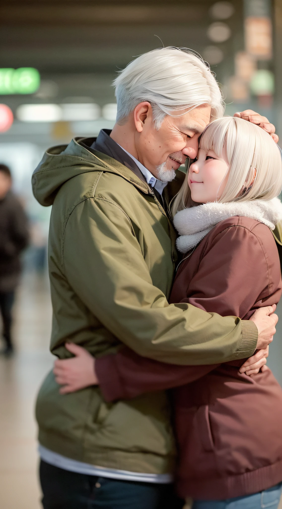 The best quality, realistic and life-like pictures, 8K HD detail expression, a white-haired and kind Chinese father hugging his delicate and beautiful daughter, making people feel endless family affection and warmth. The background lighting skillfully creates a soft atmosphere, and the streets and train stations form a modern, popular and comfortable backdrop.