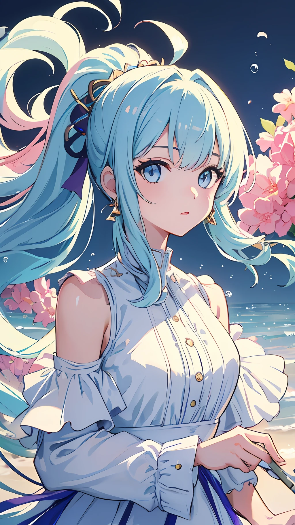 (masterpiece), (best quality), (ultra detailed),(disheveled hair),(illustration), (1girl), (Fashionable clothing), standing, Fashion model, looking at viewer, (interview), (simple background),beautiful detailed eyes, delicate beautiful face, Floating,(high saturation),(colorful splashes),colorful bubble,(shining), focus on face, ponytail, kamisato ayaka, light blue hair, bangs, hair ring, floating flowers, floating hairs, (shining), best lighting, best shadow,