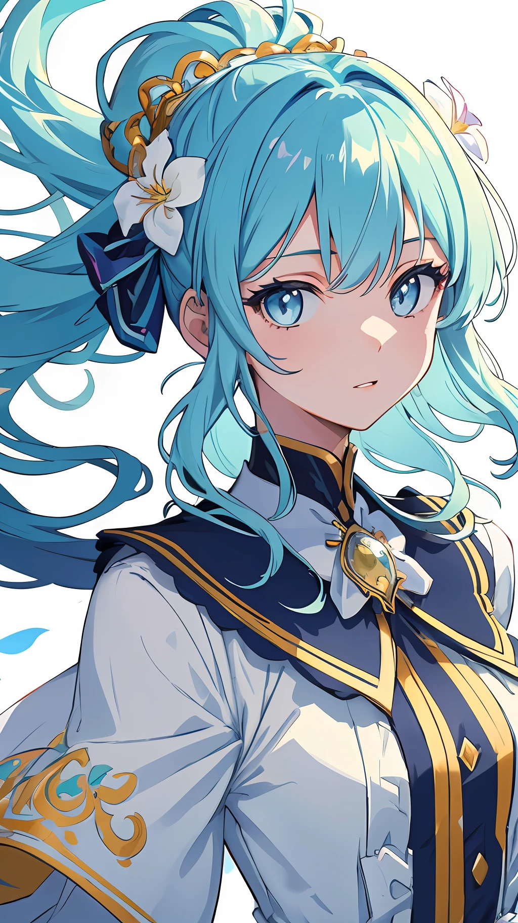 (masterpiece), (best quality), (ultra detailed),(disheveled hair),(illustration), (1girl), (Fashionable clothing), standing, Fashion model, looking at viewer, (interview), (simple background),beautiful detailed eyes, delicate beautiful face, Floating,(high saturation),(colorful splashes),colorful bubble,(shining), focus on face, ponytail, kamisato ayaka, light blue hair, bangs, hair ring, floating flowers, floating hairs, (shining), best lighting, best shadow,