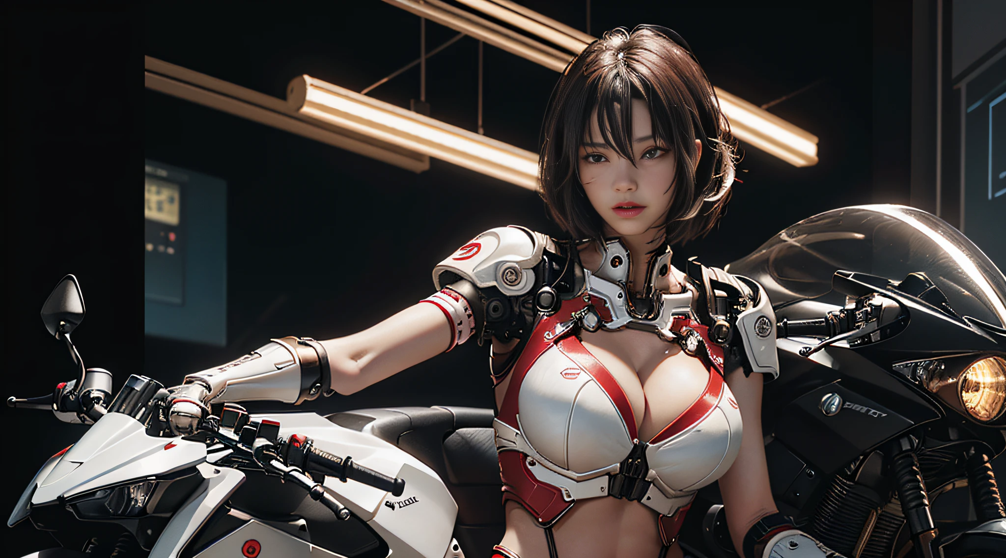 Highest quality, outstanding detail, super high resolution, (fidelity: 1.4), best illustration, favor details, close-up, a mecha girl with a delicate and beautiful face, ((red and white semi-mechanical body: 1.8)), (big breast: 1.2), sexy, belly button, cleavage, riding on a motorcycle, cyberpunk, futuristic, mechanical aesthetics, complex machinery, background is a high-tech lighting scene of the futuristic city, virtual engine 5, perfect detail rendering, octane rendering, ultra HD