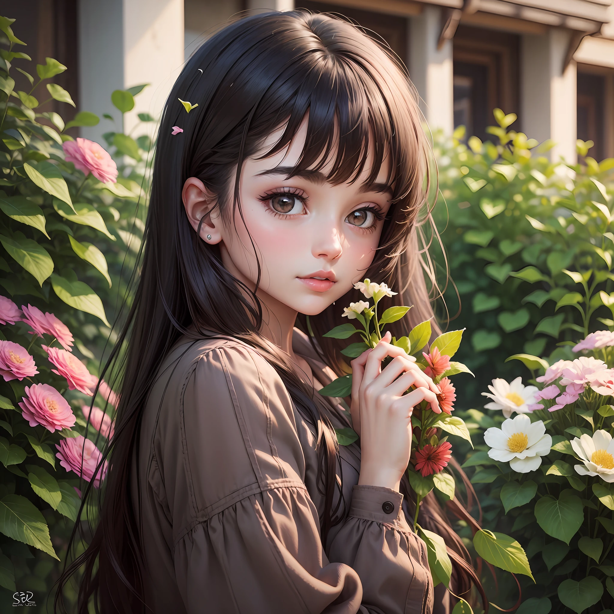 realistic, 1girl, dark hair, dark brown eyes, bright eyes, split lips, blush, cute, garden, day, flowers. --auto --s2