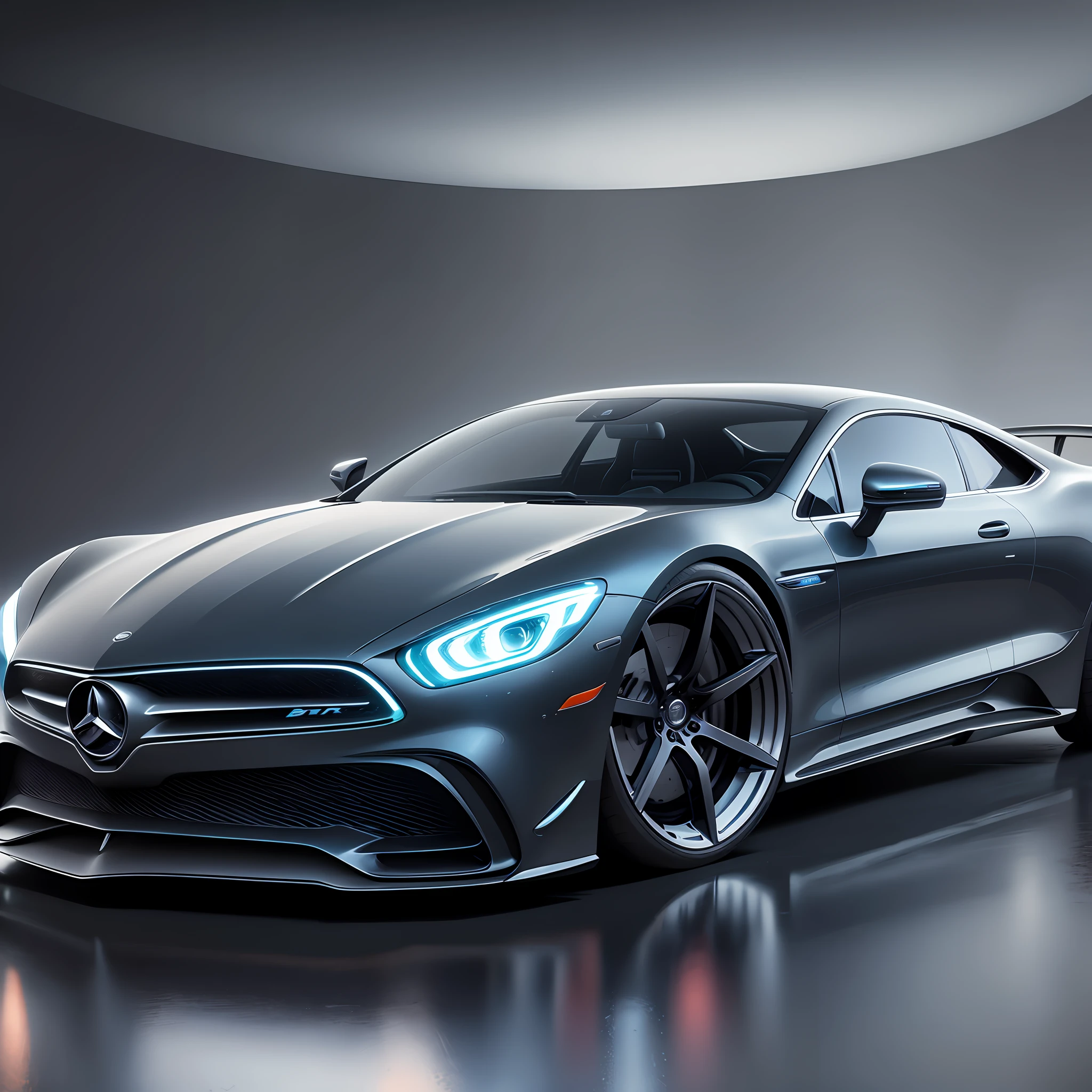 A futuristic car in 2D style, (show it all) (show all parts), (Full car), ultra realistic, without all, floating, Mercedes goods, with transparent glass from hood to ceiling, black, headlight style eyes --auto --s2
