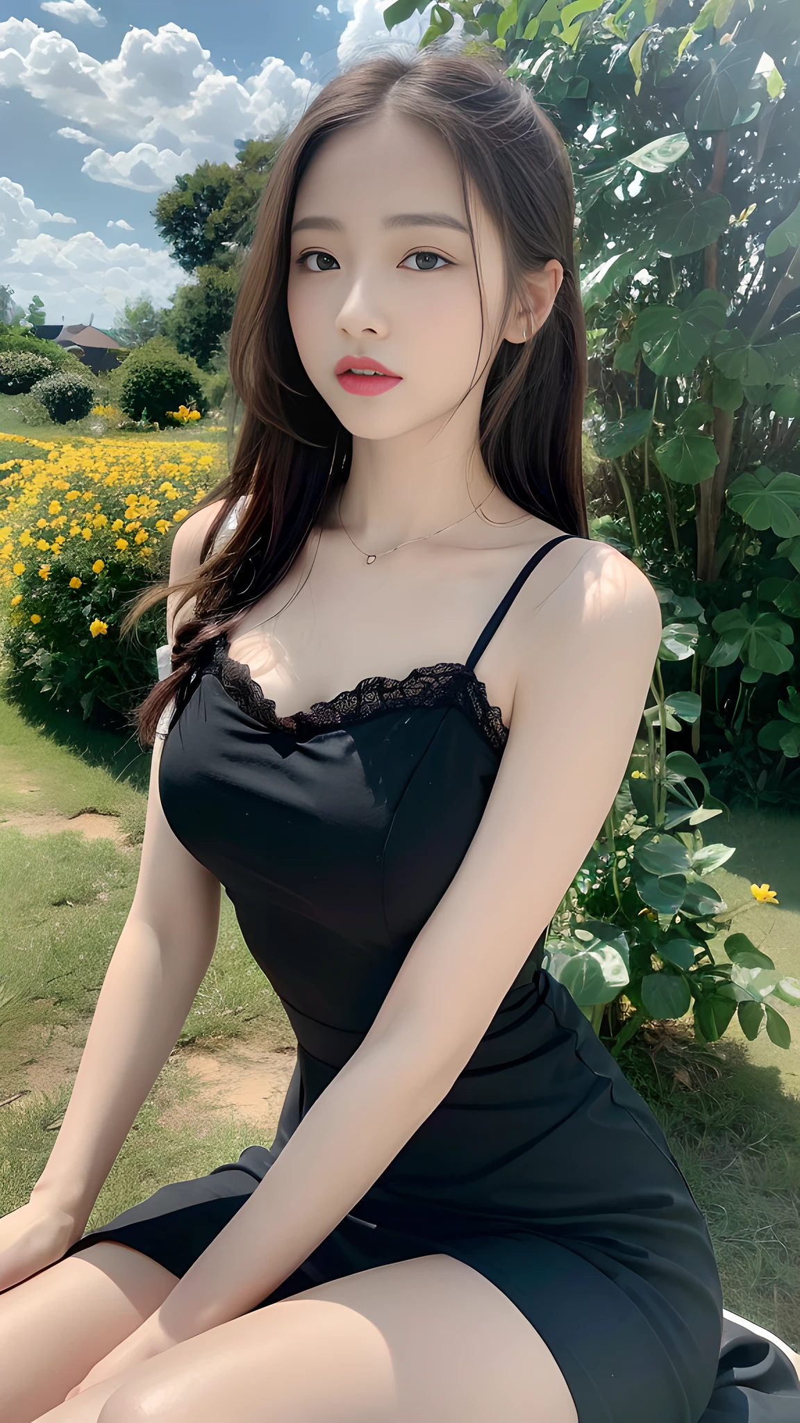 ((Best Quality, 8K, Masterpiece:1.3)), A beautiful girl, pure, melon face, gentle and cute, thin figure, facing right, head to right, lips closed, upper body leaning forward, [plaid skirt::0], [microskirt::0], pleated dress, print dress, negligee, loungewear, black silky long hair, round black big eyes, clear big eyes, moist red lips, sweet, sitting, blue sky and white clouds, sunlight, flower background,