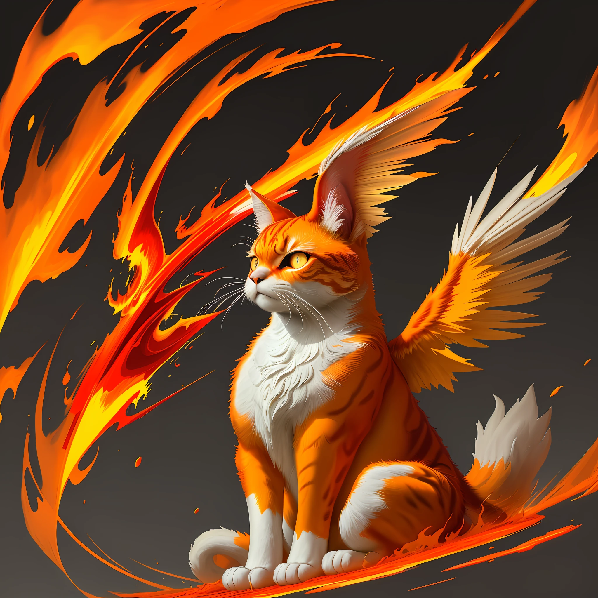 I want you to act like a professional artist, creating abstract digital art with the image of a flaming cat. Use clean lines, precise angles, and geometric shapes, such as triangles, circles, and rectangles, to depict the cat and its wings of fire. The work should convey a sense of balance and harmony. Use a warm color palette such as orange, red, and yellow for the flames, contrasting with neutral, soft colors for the background. The goal is to create visually impactful art, highlighting the strength and beauty of the flaming cat with its fiery wings
