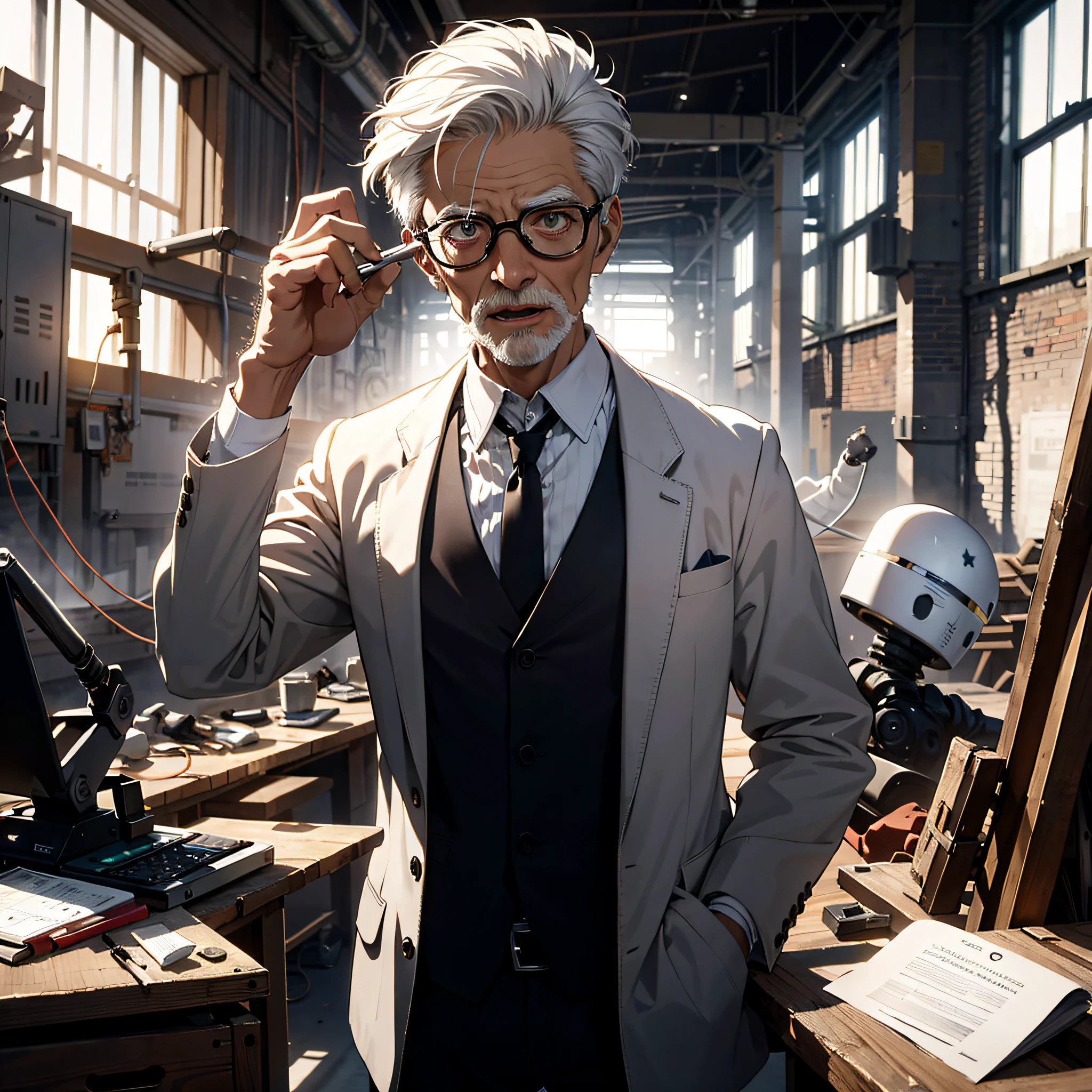 Absurd resolution, high resolution, (masterpiece: 1.4), hyper-detail, inside an abandoned factory, an old man with short white hair dressed as a scientist (1.5), a shocked and surprised expression, open mouth, high-tech workbench, tech-sense screen, tech-enabled robotic arm, blazer and white shirt