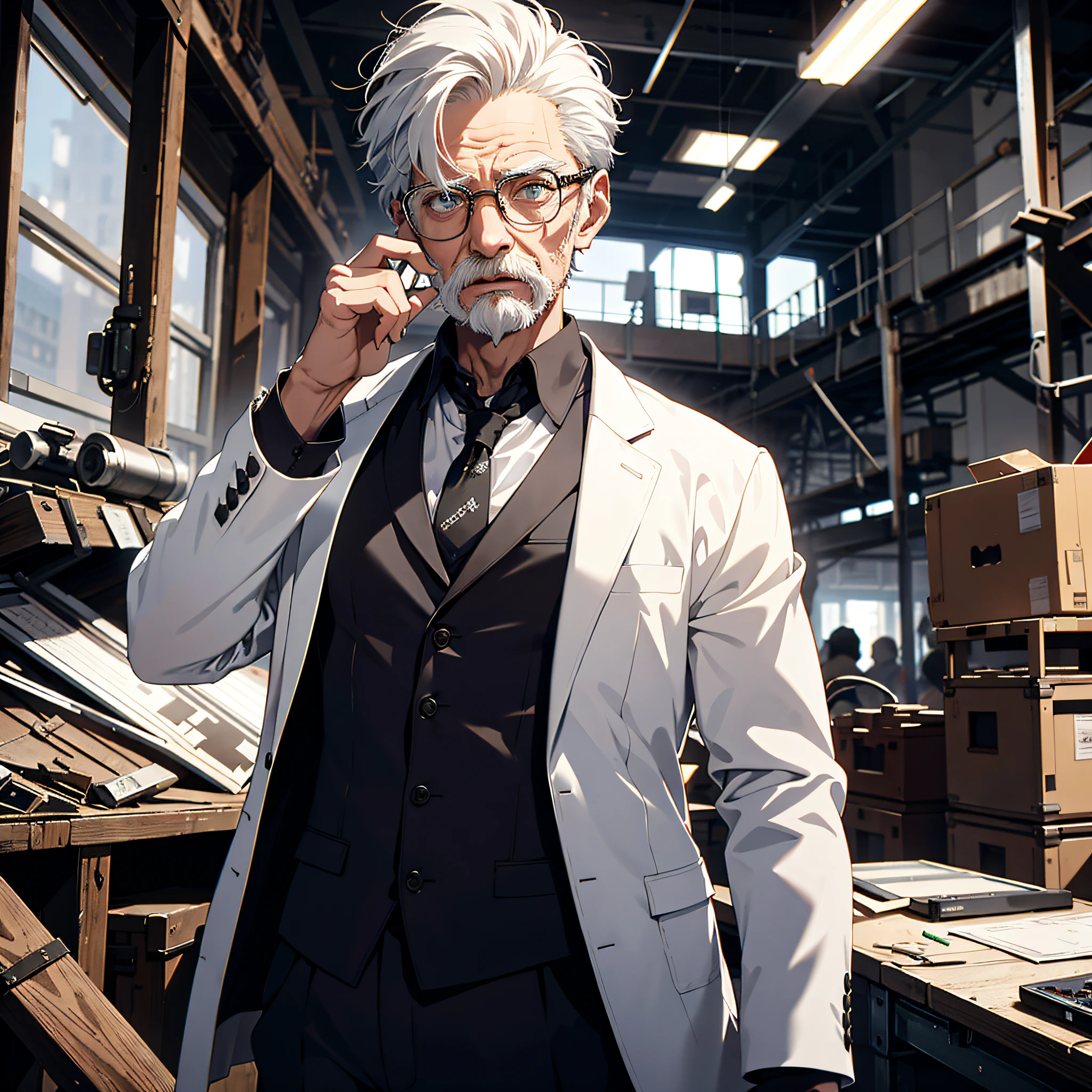 Absurd resolution, high resolution, (masterpiece: 1.4), hyper-detail, inside an abandoned factory, an old man with short white hair dressed as a scientist (1.5), a shocked and surprised expression, open mouth, high-tech workbench, tech-sense screen, tech-enabled robotic arm, blazer and white shirt