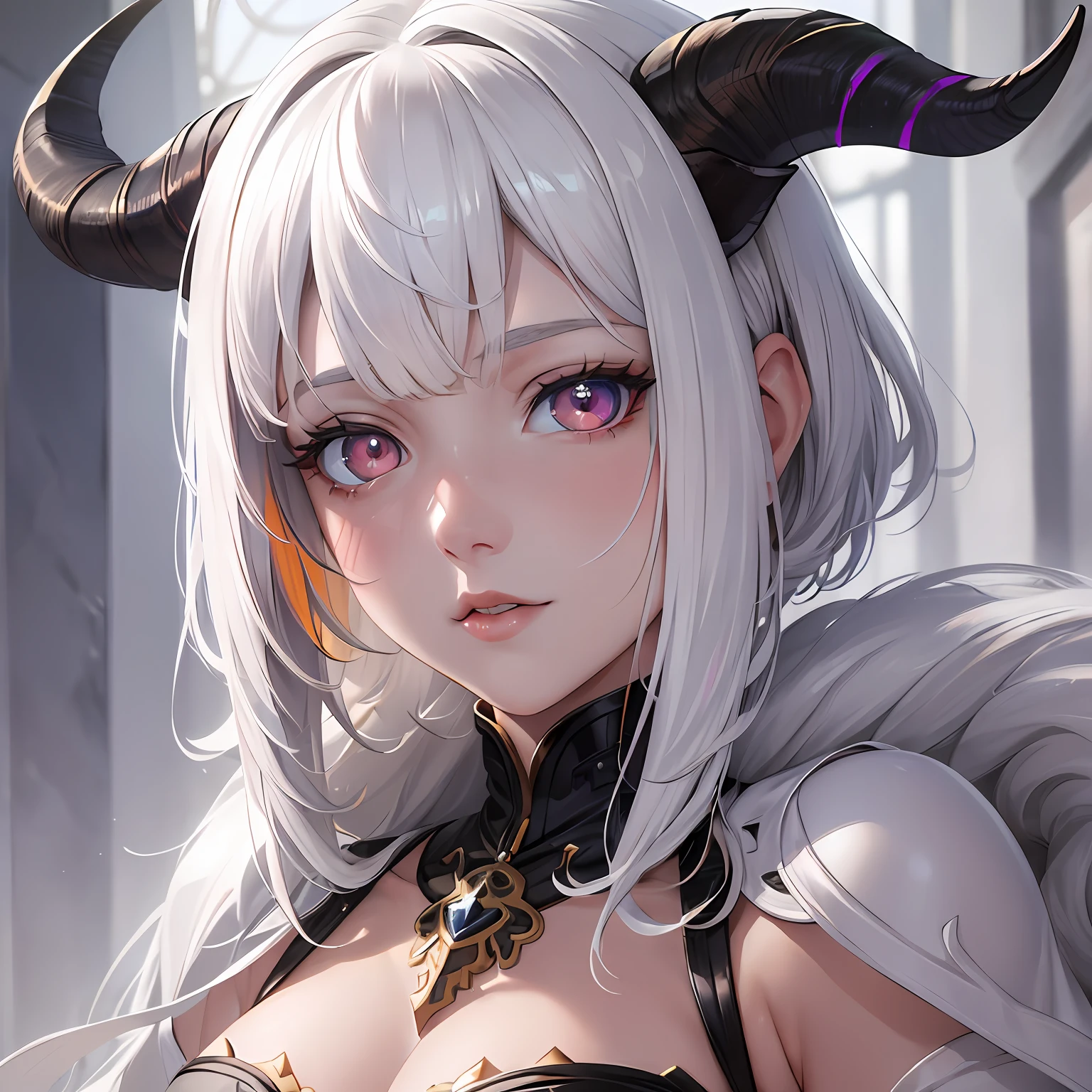 (Masterpiece), ultra-realistic, with incredible details, (1 girl with goat horns, heterochromatic eyes), indirect lighting, subtle nuances, high-relief, (multicolored eyes, shiny skin), stunning look, (short white hair with bangs)