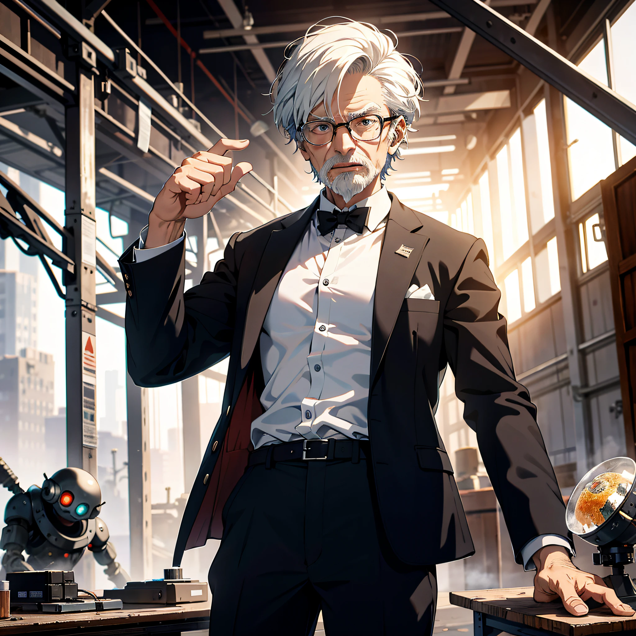 Absurd resolution, high resolution, (masterpiece: 1.4), hyper-detail, inside an abandoned factory, an old man with short white hair dressed as a scientist (1.5), a shocked and surprised expression, open mouth, high-tech workbench, tech-sense screen, tech-enabled robotic arm, blazer and white shirt