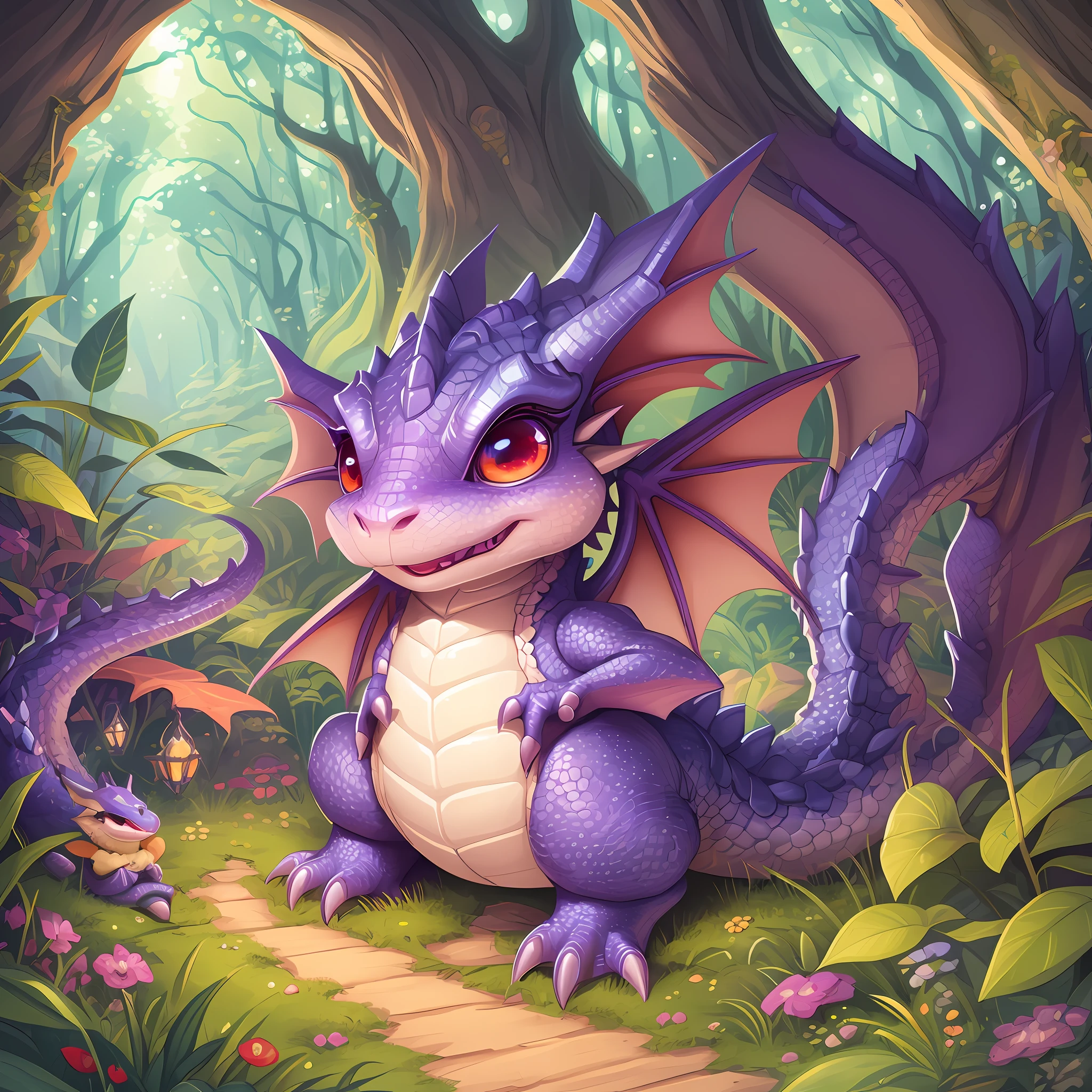 Illustration of cute cute little dragon baby cute, newly hatched dragon, big round eyes and cute.very cute purple dragon, stuffed dragon, detailed dragon, anthropomorphic dragon, dragon art, like an anthropomorphic dragon but like an anthropomorphic dragon, dra the dragon, a cute little baby dragon. Enchanted forest.