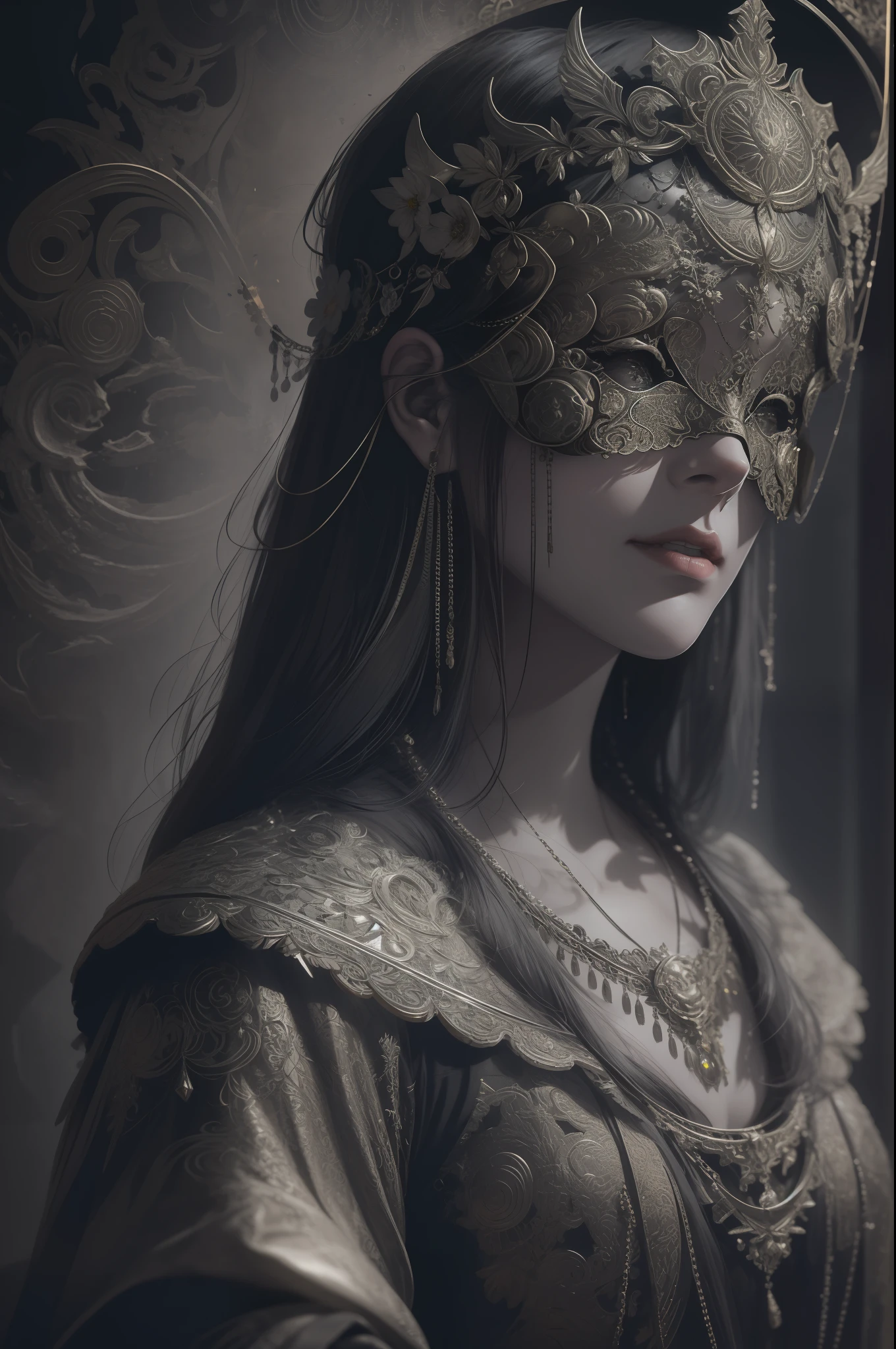 portrait, a woman wearing a blind halo mask, necklace, tone mapped, detailed, highly detailed, digital painting, artstation, concept art, dark art, soft, sharp focus, beautiful illustration, photo, illuminated, dynamic lighting, fog, intricate, film grain, professional, facing the viewer, OldEgyptAI, dark hue