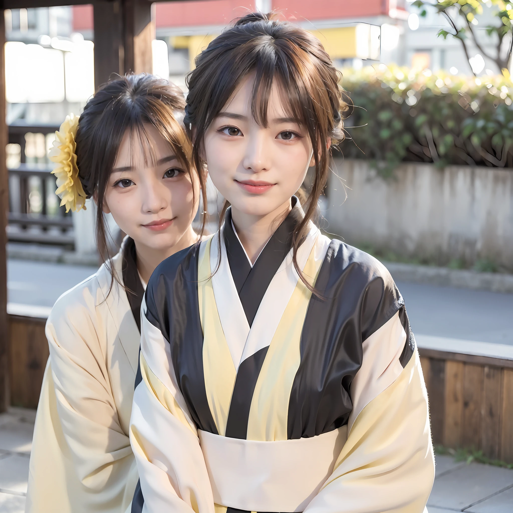 (((Top Quality, 8k, Masterpiece))), Crisp Focus, (Beautiful Woman with Perfect Figure), Slender, (Hairstyle: Up)), ((Kimono: Color: Yellow: Design: Random)), Kyoto Town: 1.2, Highly Detailed Face and Skin Texture, Detailed Eyes, Double Eyelids, ((Random Posture)), (Smile), Japan People, ((((((((