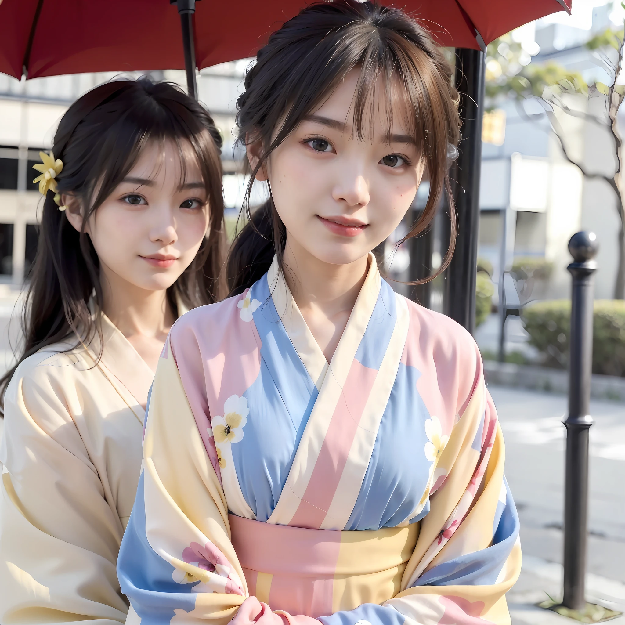(((Top Quality, 8k, Masterpiece))), Crisp Focus, (Beautiful Woman with Perfect Figure), Slender, (Hairstyle: Up)), ((Kimono: Color: Yellow: Design: Random)), Kyoto Town: 1.2, Highly Detailed Face and Skin Texture, Detailed Eyes, Double Eyelids, ((Random Posture)), (Smile), Japan People, ((((((((