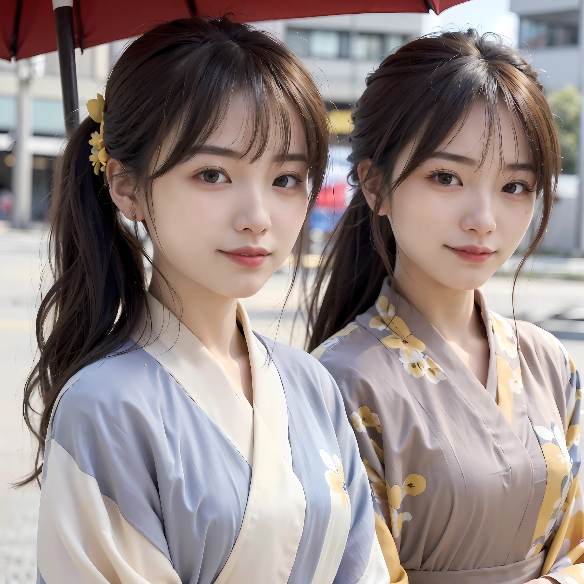 (((Top Quality, 8k, Masterpiece))), Crisp Focus, (Beautiful Woman with Perfect Figure), Slender, (Hairstyle: Up)), ((Kimono: Color: Yellow: Design: Random)), Kyoto Town: 1.2, Highly Detailed Face and Skin Texture, Detailed Eyes, Double Eyelids, ((Random Posture)), (Smile), Japan People, ((((((((