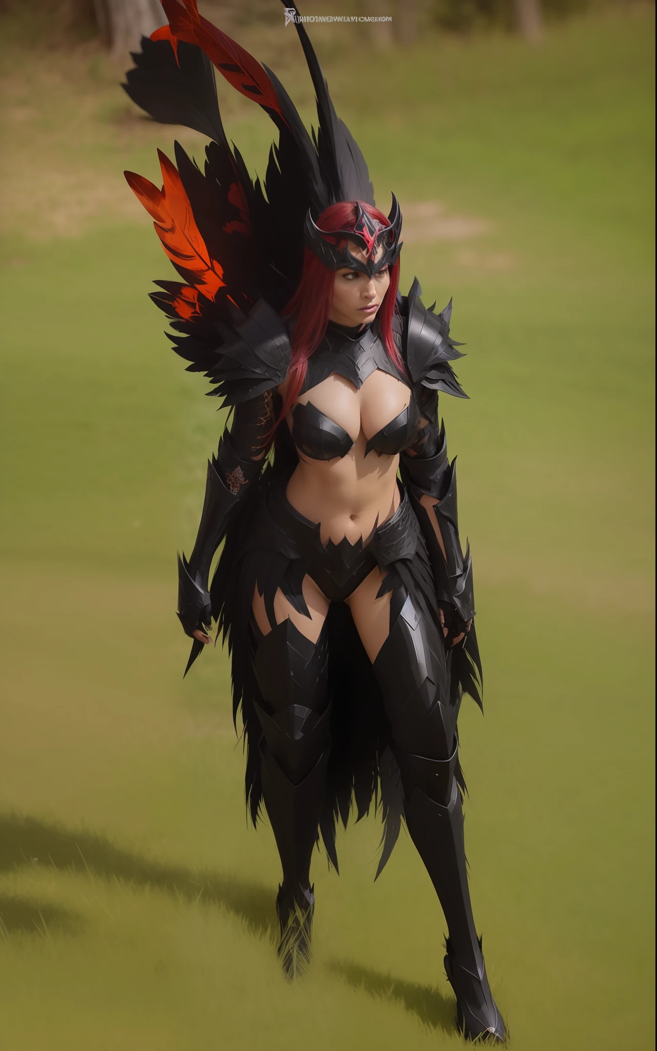 there is a woman in a costume that is walking in the grass, black fire color reflected armor, pale black armor, black shiny armor, fantasy outfit, black and reddish color armor, ornate bikini armor, wearing witchblade armor, sharp black armor, black fur armor, chicken feather armor, black armor, infernal nymph!!!, wearing black armor, demon armor