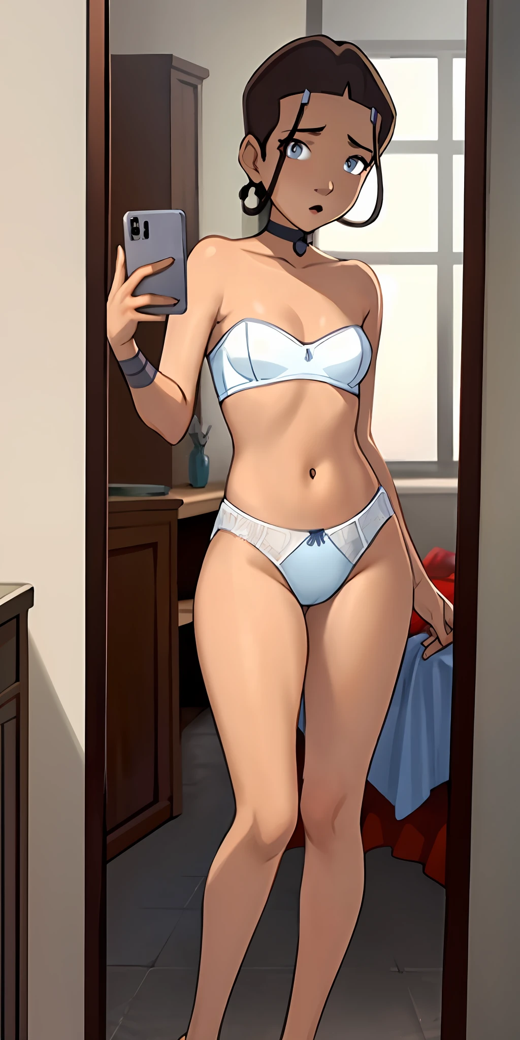 masterpiece, top quality, high resolution, solo, small breasts, round ass, white strapless lingerie top, no panties, indoor, see-through, katara, thin revealing lingerie bra, mirror selfie, teasing, showing off bum, bed, disheveled underwear, open legs, sexual expression, nsfw