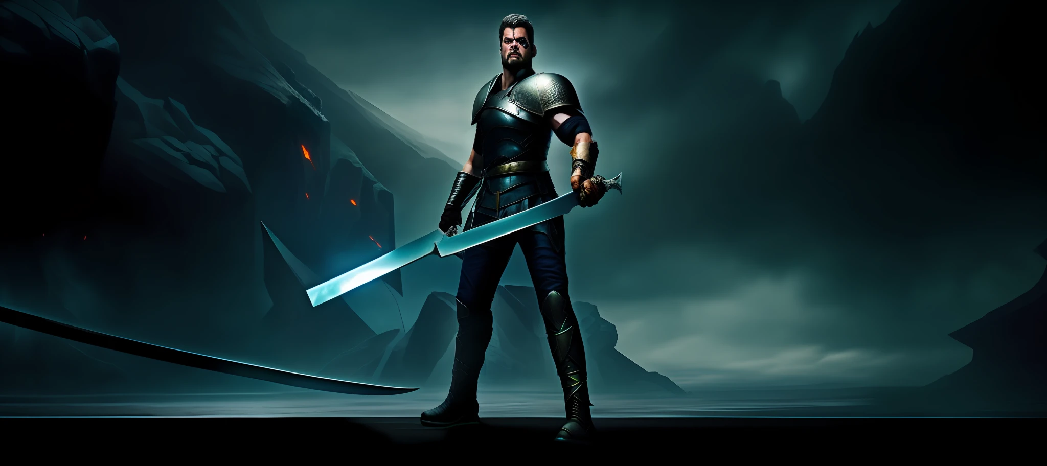 there is a man holding a sword in a dark room, holding a colossal sword, holding a giant sword, with large sword, angry character wielding a sword, brandishing futuristic sword, dramatic wielding sword pose, karl urban as a dragonslayer, picture of an adult male warrior, holding a big sword, holding jagged scimitar, powerful aggressive sword stance --auto --s2