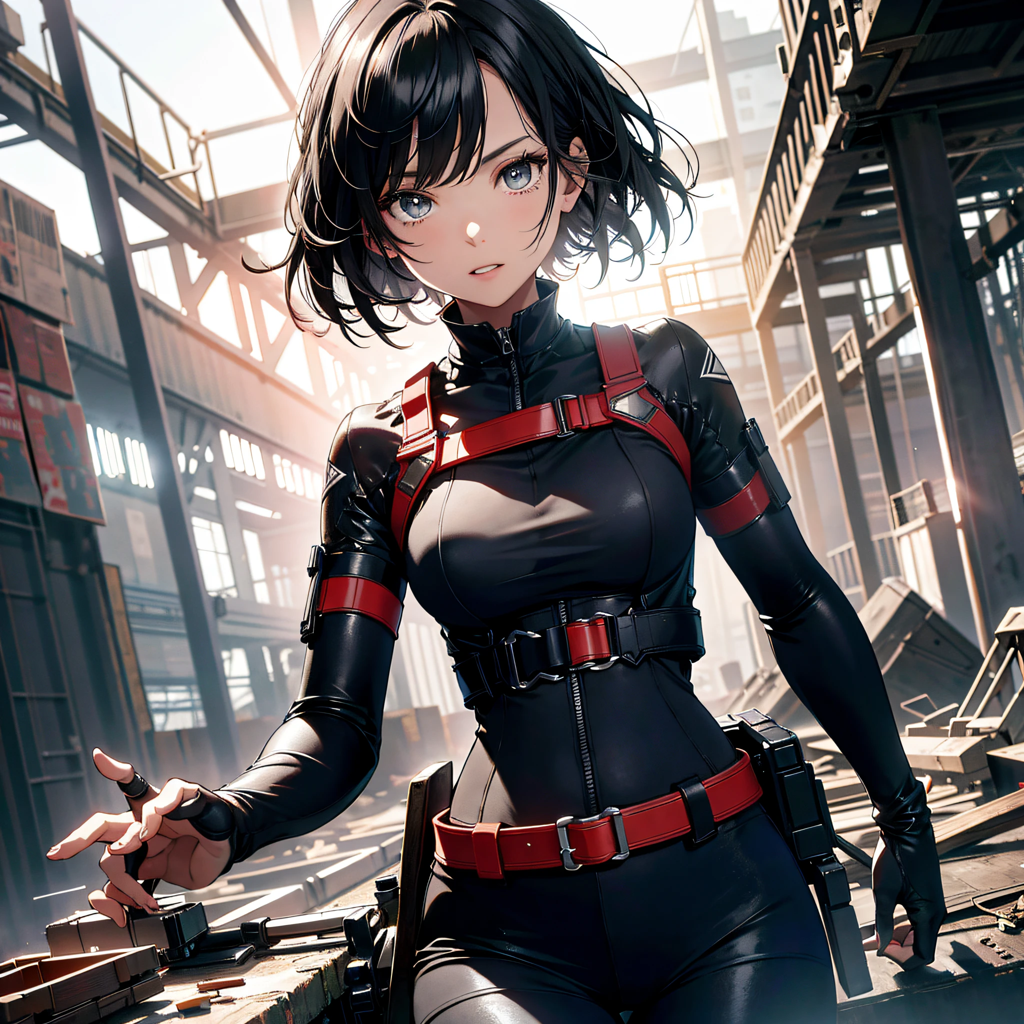 Absurd resolution, high resolution, (masterpiece: 1.4), hyper-detail, inside an abandoned factory, black-haired young woman dressed as a technician, very surprised and shocked expression, high-tech workbench, tech-sense screen, a lot of tech robotic arms