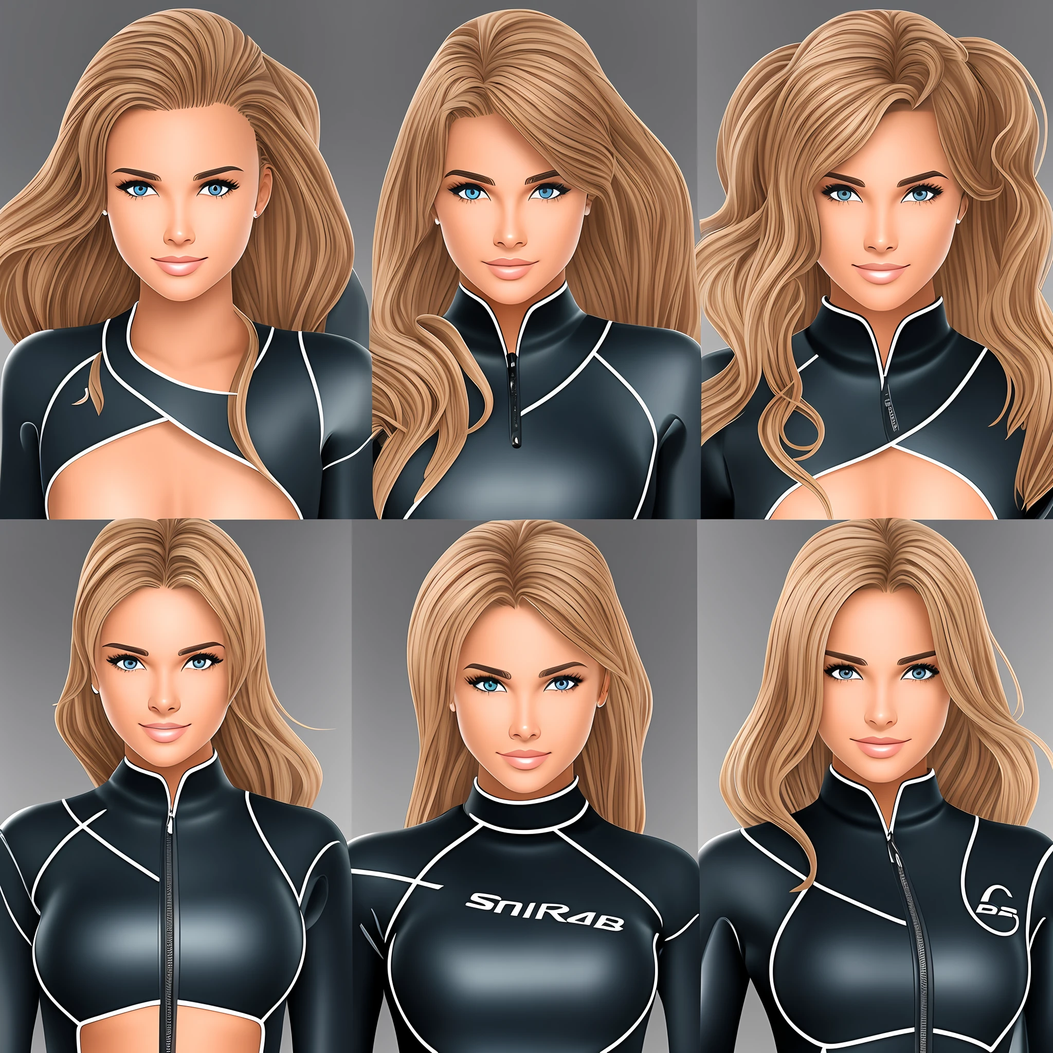 Several poses of a young woman, front, back, left and right side in wetsuit with the same skin color --auto --s2