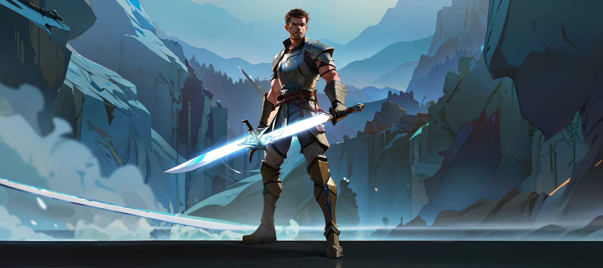 A man with a sword standing in front of a mountain - SeaArt AI