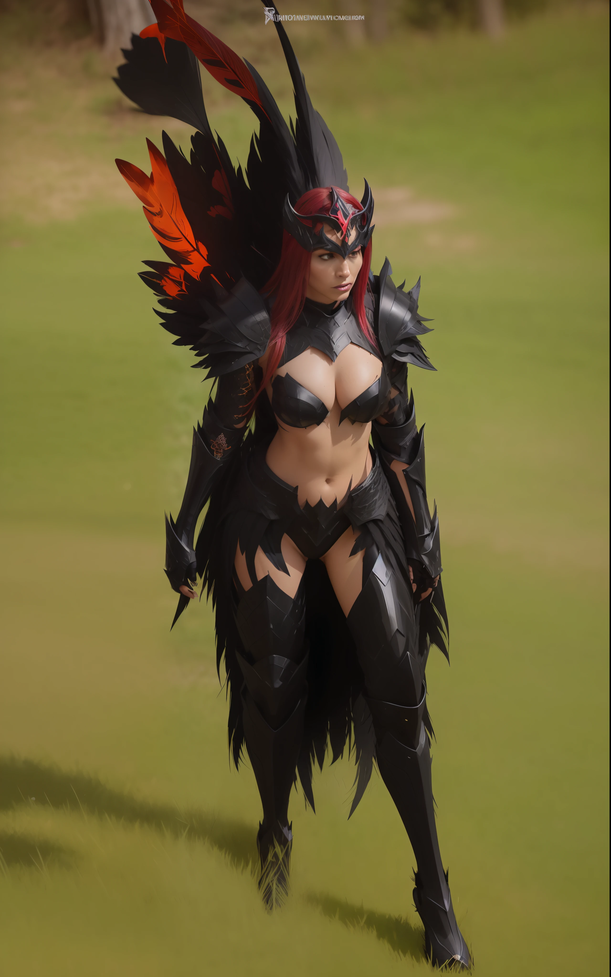 there is a woman in a costume that is walking in the grass, black fire color reflected armor, pale black armor, black shiny armor, fantasy outfit, black and reddish color armor, ornate bikini armor, wearing witchblade armor, sharp black armor, black fur armor, chicken feather armor, black armor, infernal nymph!!!, wearing black armor, demon armor