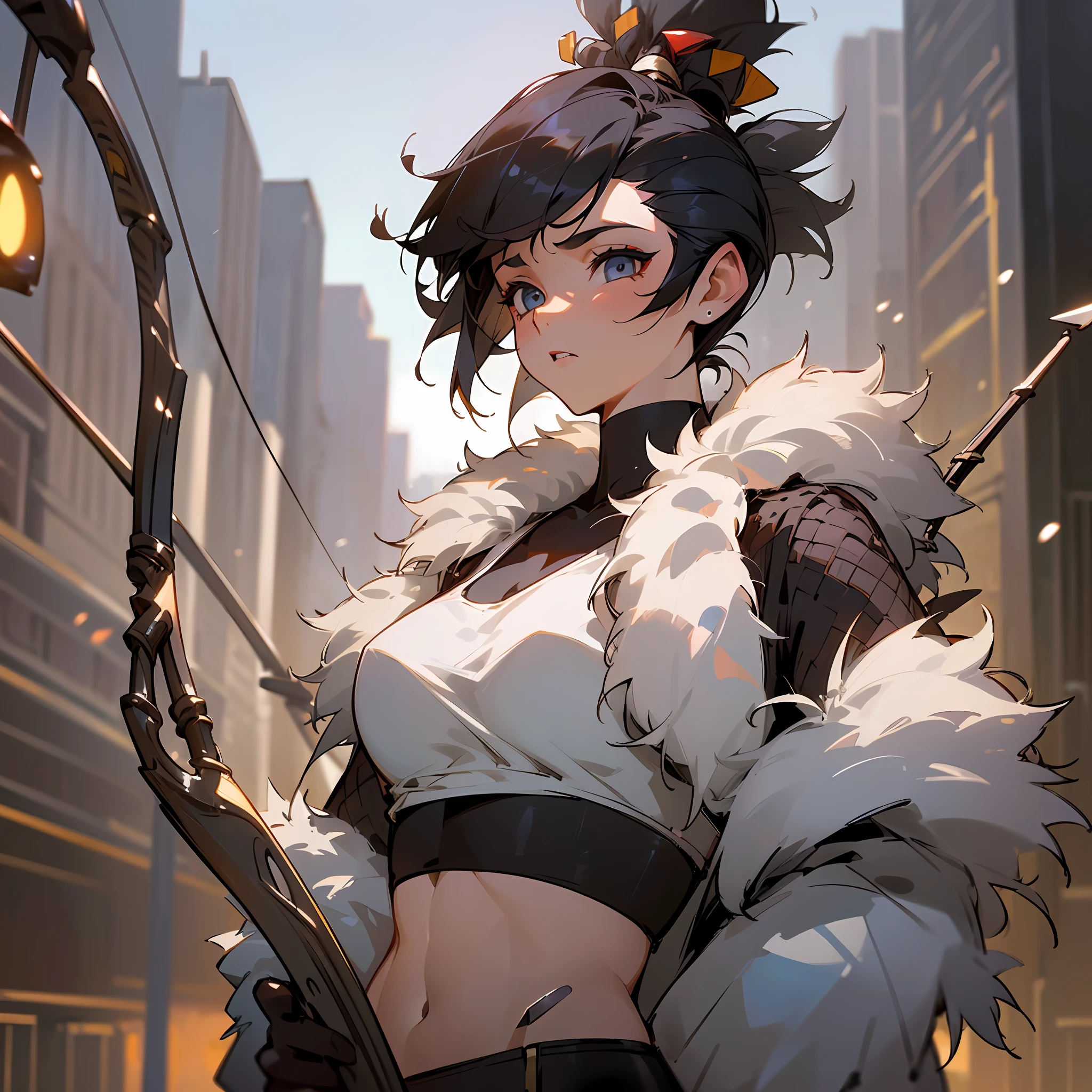 ((Cinematic lighting:1.2),(Girl:1.2,Crop top:0.9,Rabbit fur pants:1.1,Short hair,Falcon hairstyle),(Black hair,Mohawk),(Anatomically correct:0.9),Focused eyes,Aiming with a bow and arrow) --auto --s2
