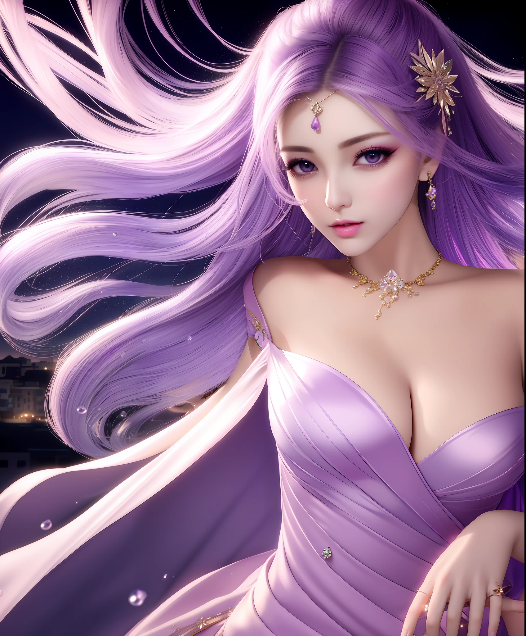 (masterpiece) Amazing quality, stunning night scenery, soft glow, mysterious girl in a light lilac dress, purple hair rippling gently in the wind, beautiful face with subtle makeup, golden eyelids and defined eyebrows, pale pink lips and nails painted a soft purple, water drops on her outfit, many buildings in the