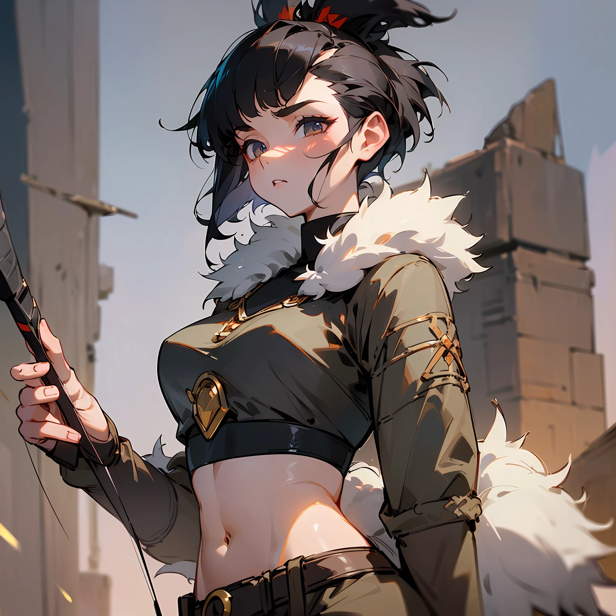 ((Cinematic lighting:1.2),(Girl:1.2,Crop top:0.9,Rabbit fur pants:1.1,Short hair,Falcon hairstyle),(Black hair,Mohawk),(Anatomically correct:0.9),Focused eyes,Aiming with a bow and arrow) --auto --s2