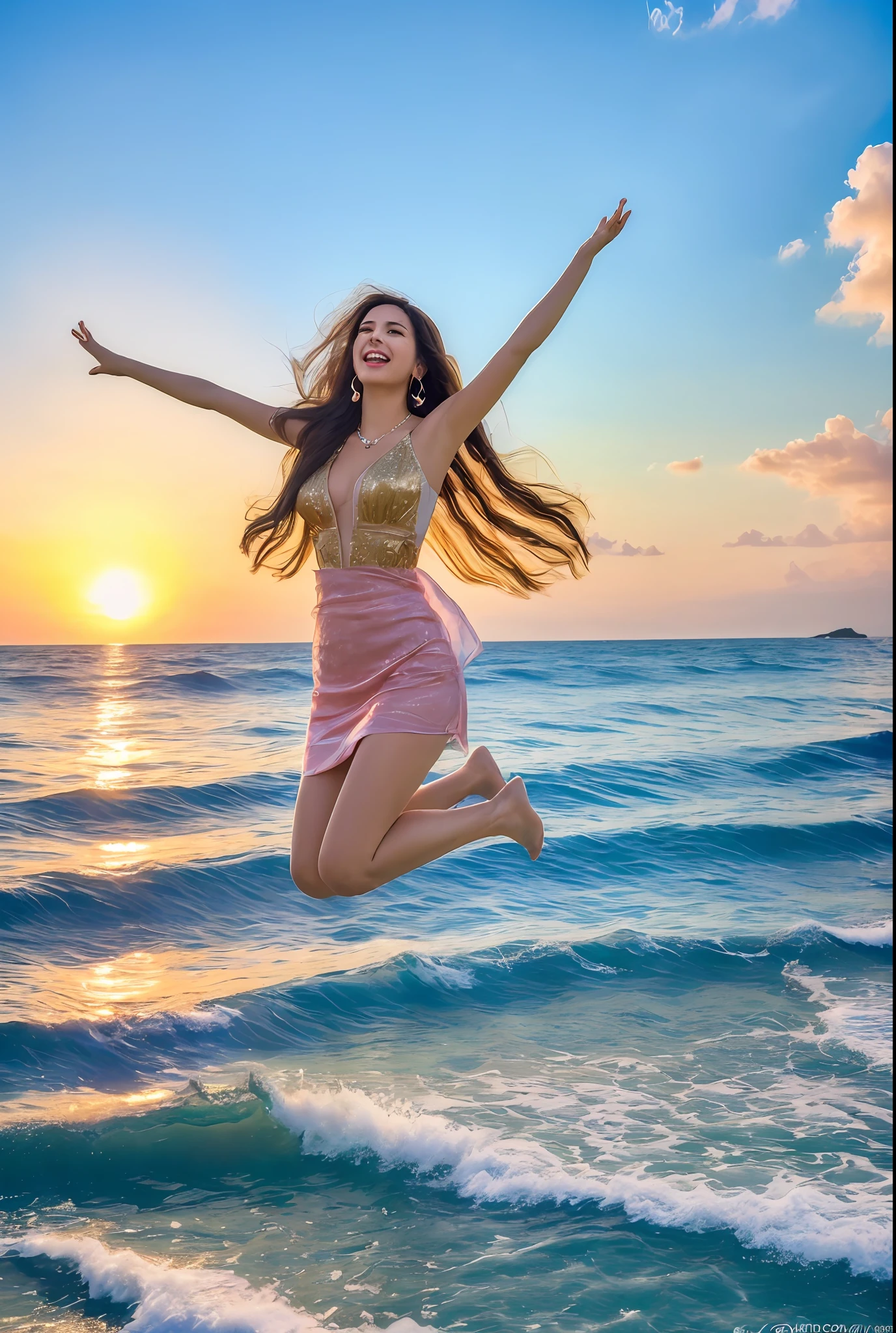 (masterpiece, superior quality, best quality, official art, beautiful and Brazilian body: 1.2), (((1woman fly in the sky)))), ((windy)), (jumping), white clouds, blue sky, ((full body))), taller detailed, (bright skin), (pink earrings), (open arms), brunette, green eyes, long hair, straight black hair, pink dress.
Laughing a lot
(masterpiece: 1.3), (8k, photorealistic, RAW photo, best quality: 1.4), beautiful face of Brazilian, (realistic face), absurd, attractive, ultra high res, ultra realistic, highly detailed, golden proportion, (outdoors, ocean, dawn)
