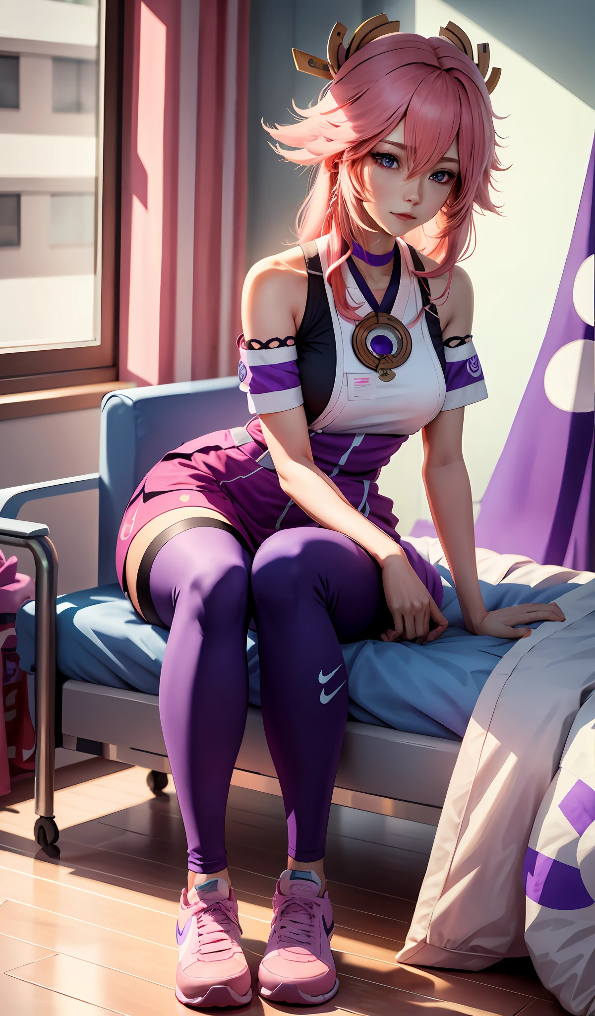 4k, realistic, very detail, there is a girl in the hospital, she is a docter, hospital theme, soft clothes, long hair, wearing legging, 25 years old, full body, wearing nike shoes, pink hair, purple eyes, yae miko