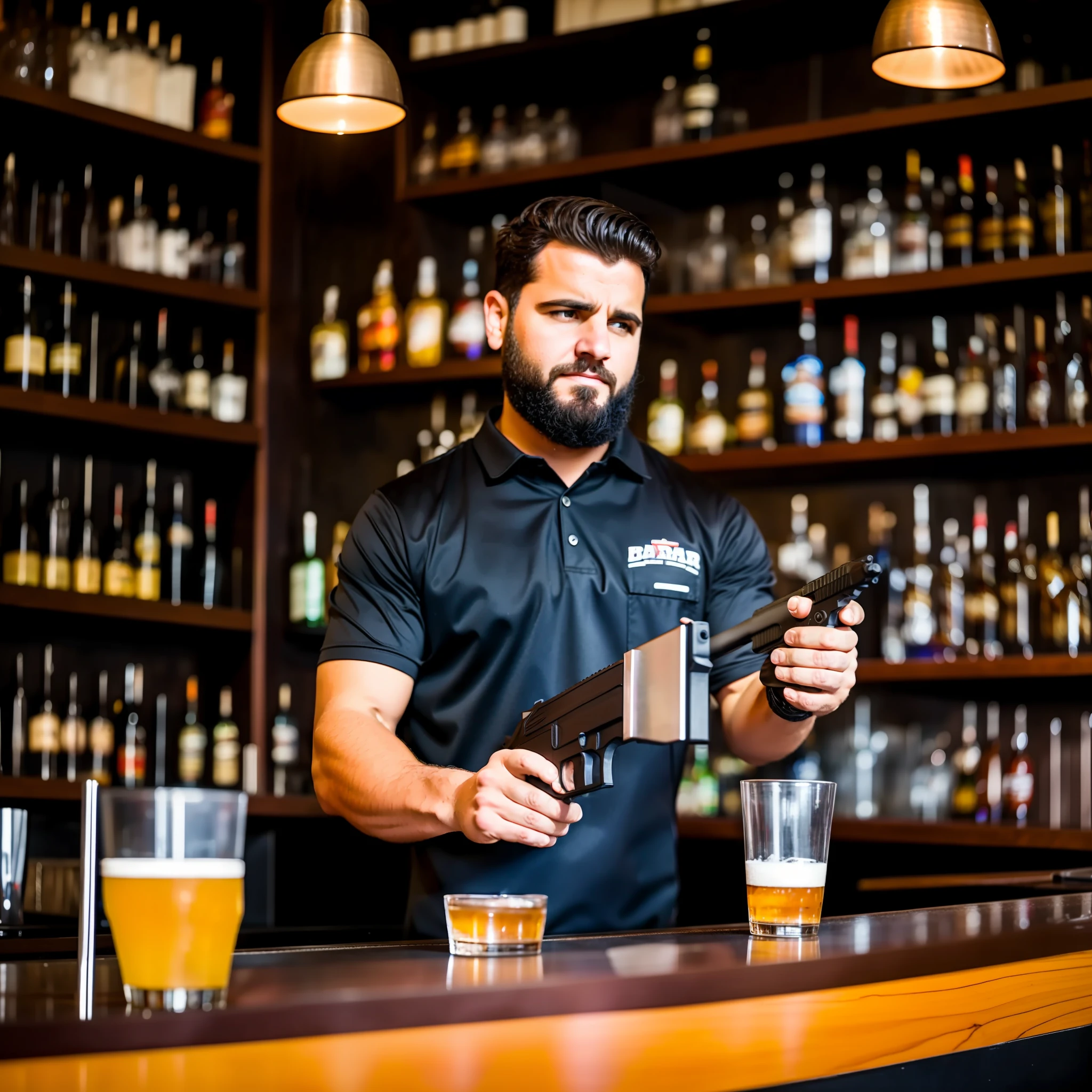The bar owner points a firearm at the man standing in front of the counter