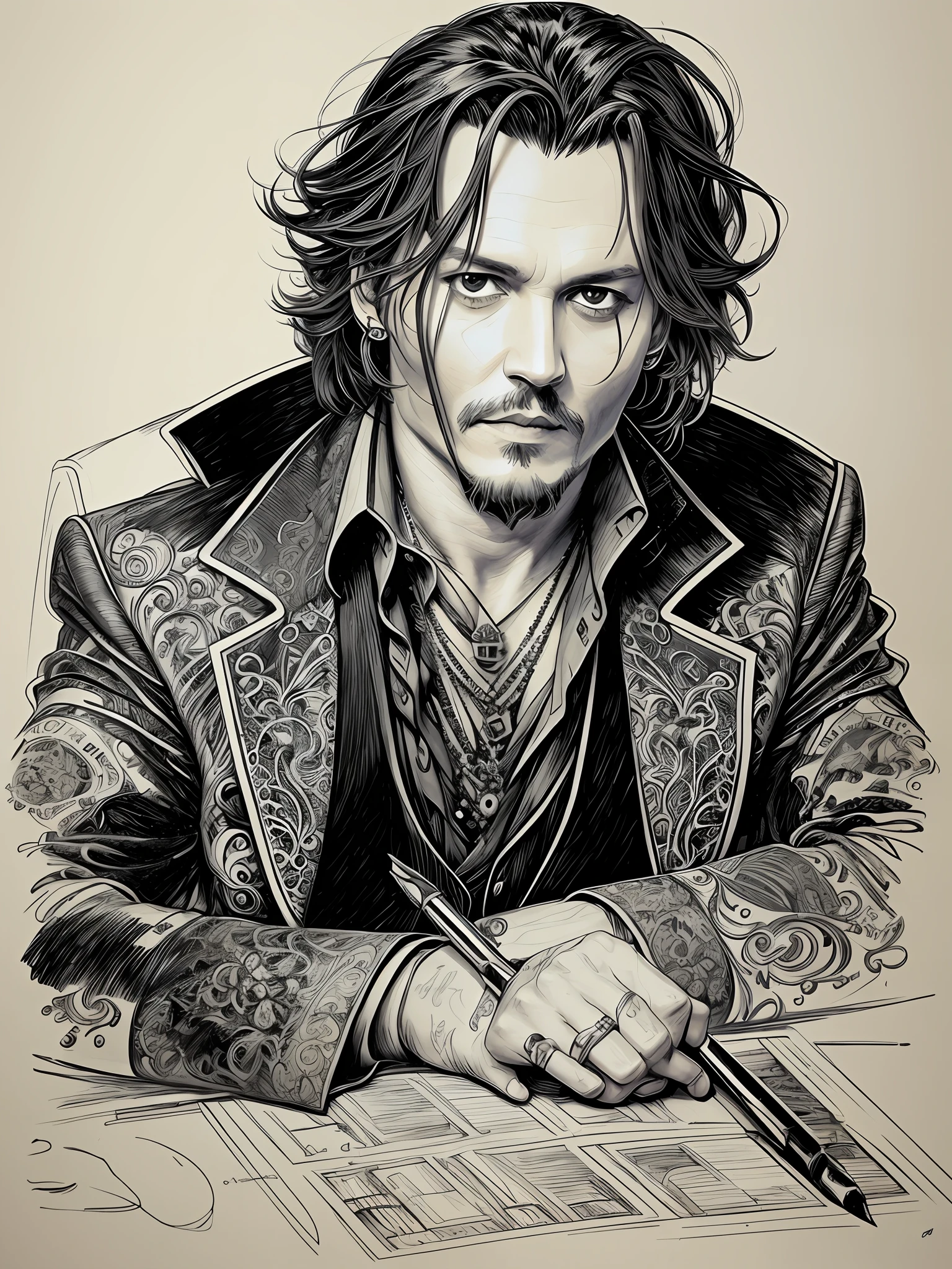 Portrait of Johnny Depp, pen and ink, intricate line drawings, by Craig Mullins, Ruan Jia, Kentaro Miura, Greg Ruttowski, Loundraw --auto --s2