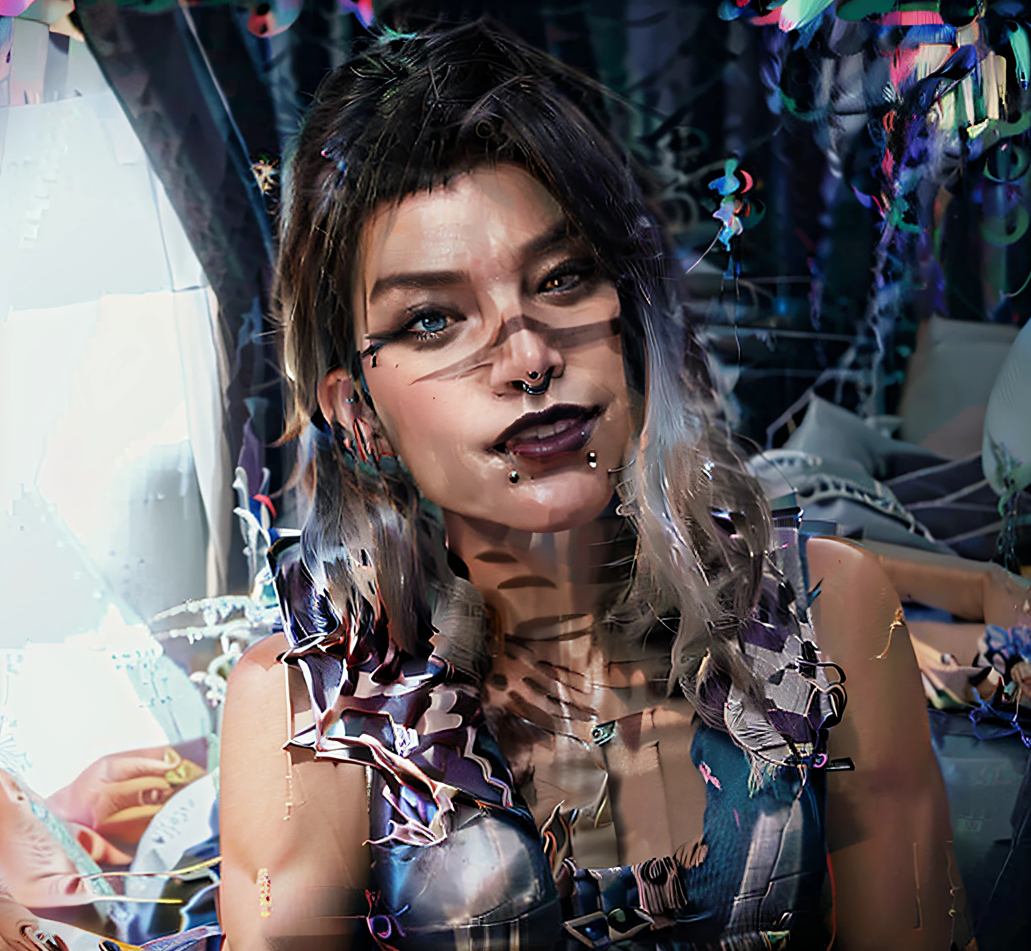 Blonde woman with long hair and a necklace sitting on a chair,headshot profile picture, beautiful and smiling, ultra realistic image, valorant Fade character, one blue eye and the other brown eye, dark black purple lipstick