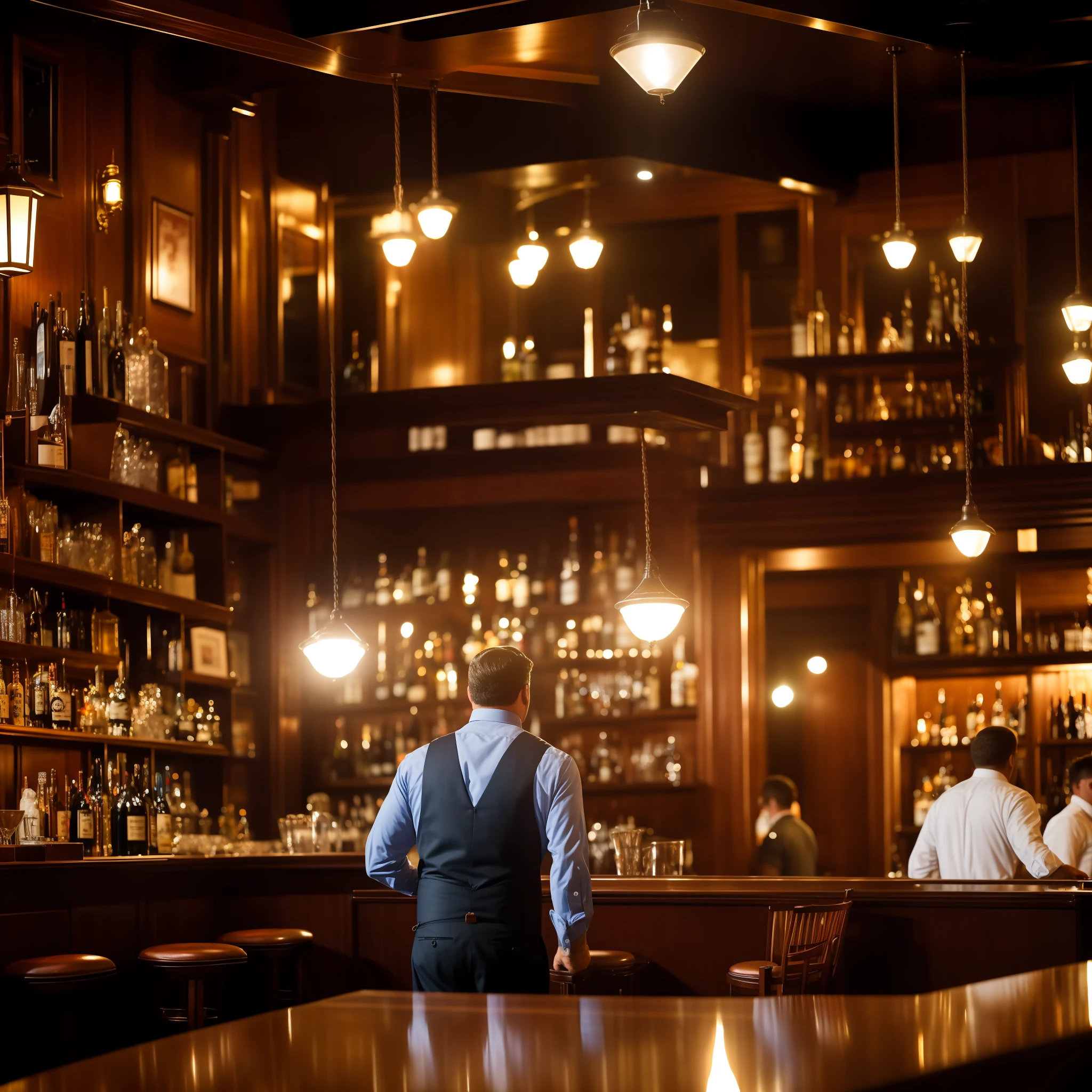 Man entering the bar towards the counter, a dimly lit establishment with vintage wooden furniture and a polished mahogany bar, filled with lively customer conversations, exuding a warm and inviting atmosphere, a photograph capturing the moment, taken with a Canon EOS R5 using a 50mm lens, --aspect 3:2 --quality 1--v 4"