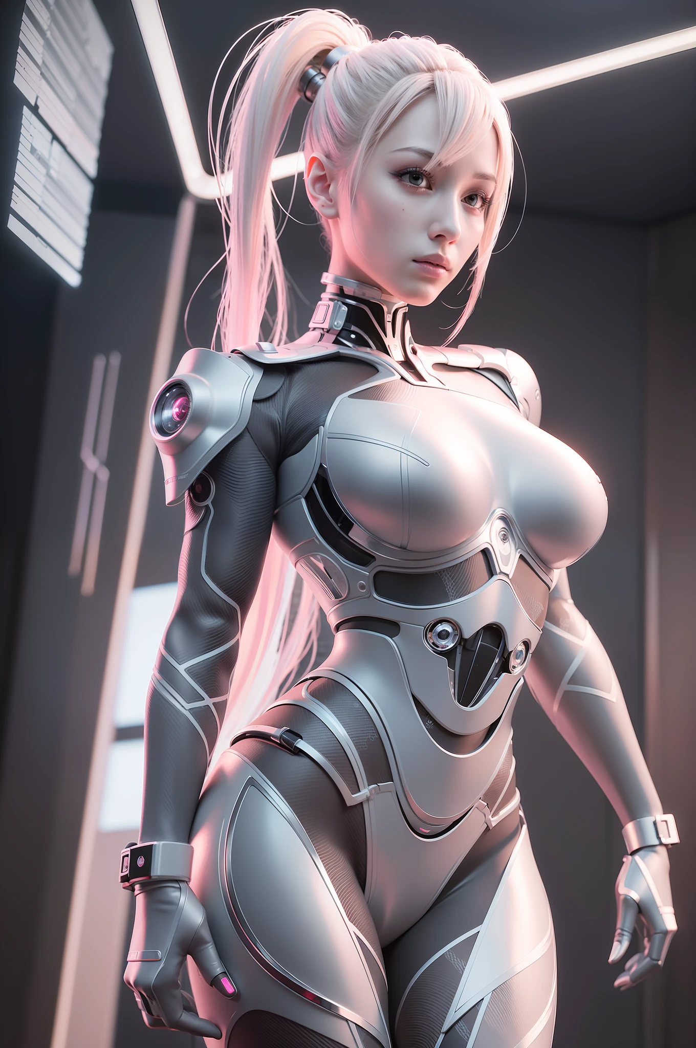 Complex 3d rendering super detail beauty android face, cyborg, robot parts, black metal mesh skin, worn whitewashed steel skin, 150mm lens, beautiful studio light, rim light, vivid details, gorgeous cyberpunk, lace, hyperrealistic, anatomical, facial muscle, cable wire, microchip, top quality, masterpiece, very delicate and beautiful, very elaborate, CG, unity, wallpaper, (lifelike, photorealistic: 1.37), wonderful, fine, masterpiece, top quality, official art, very elaborate cg unity wallpaper, robot, full body, full body reflection, pink body, full body pink, sexy, bodysuit, erotic, full body reflection, full body