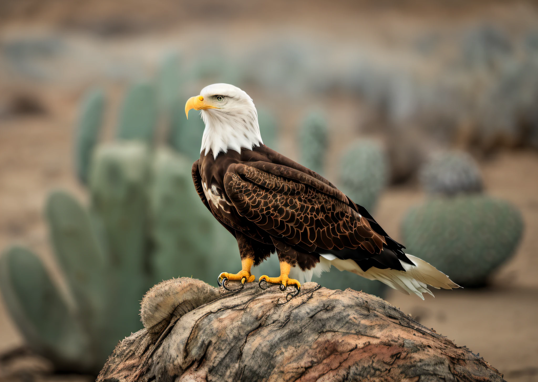 fantwest, a bald eagle sitting on a cactus, realistic, highly detailed