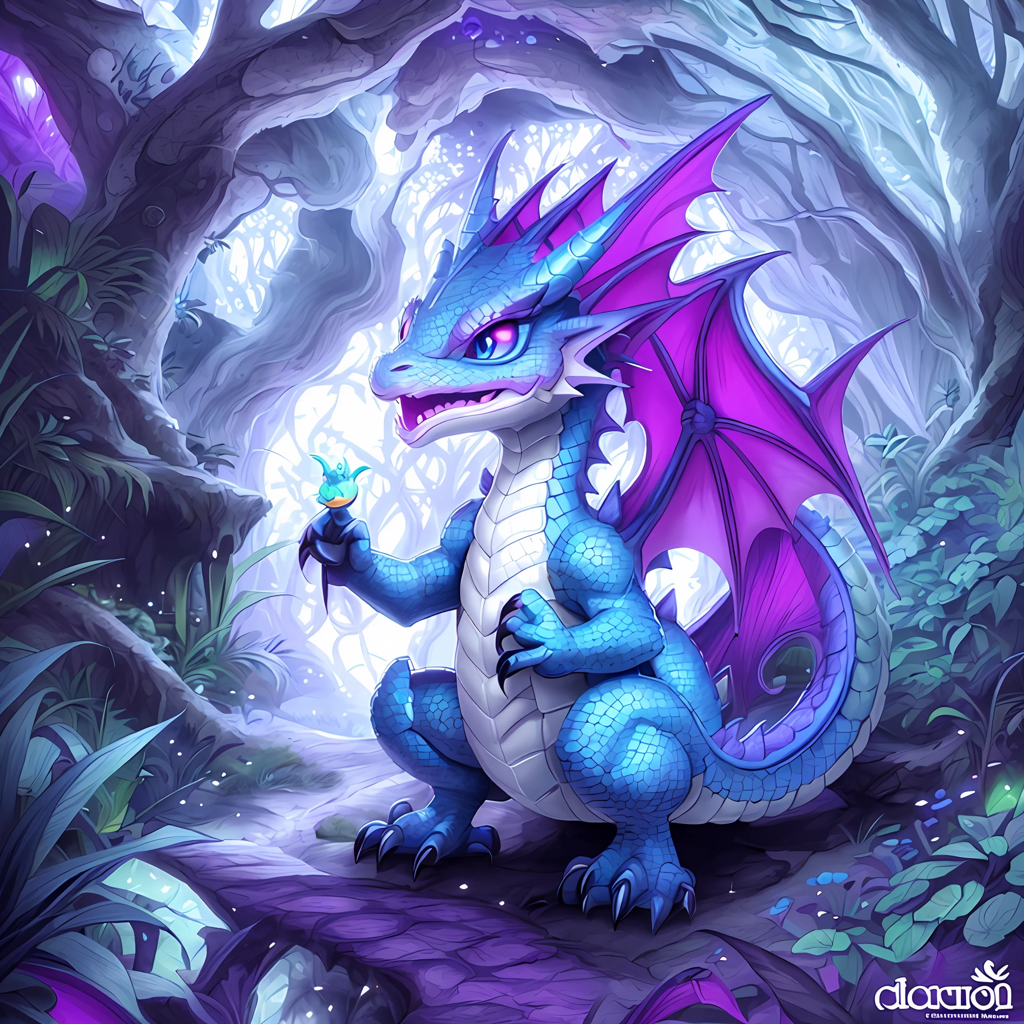Coloring illustration of cute cute dragon baby, y hatched dragon, very cute purple dragon, stuffed dragon, detailed dragon, anthropomorphic dragon, dragon art, like an anthropomorphic dragon, but like an anthropomorphic dragon, dra the dragon, a cute little blue dragon. Enchanted forest. Black and white.