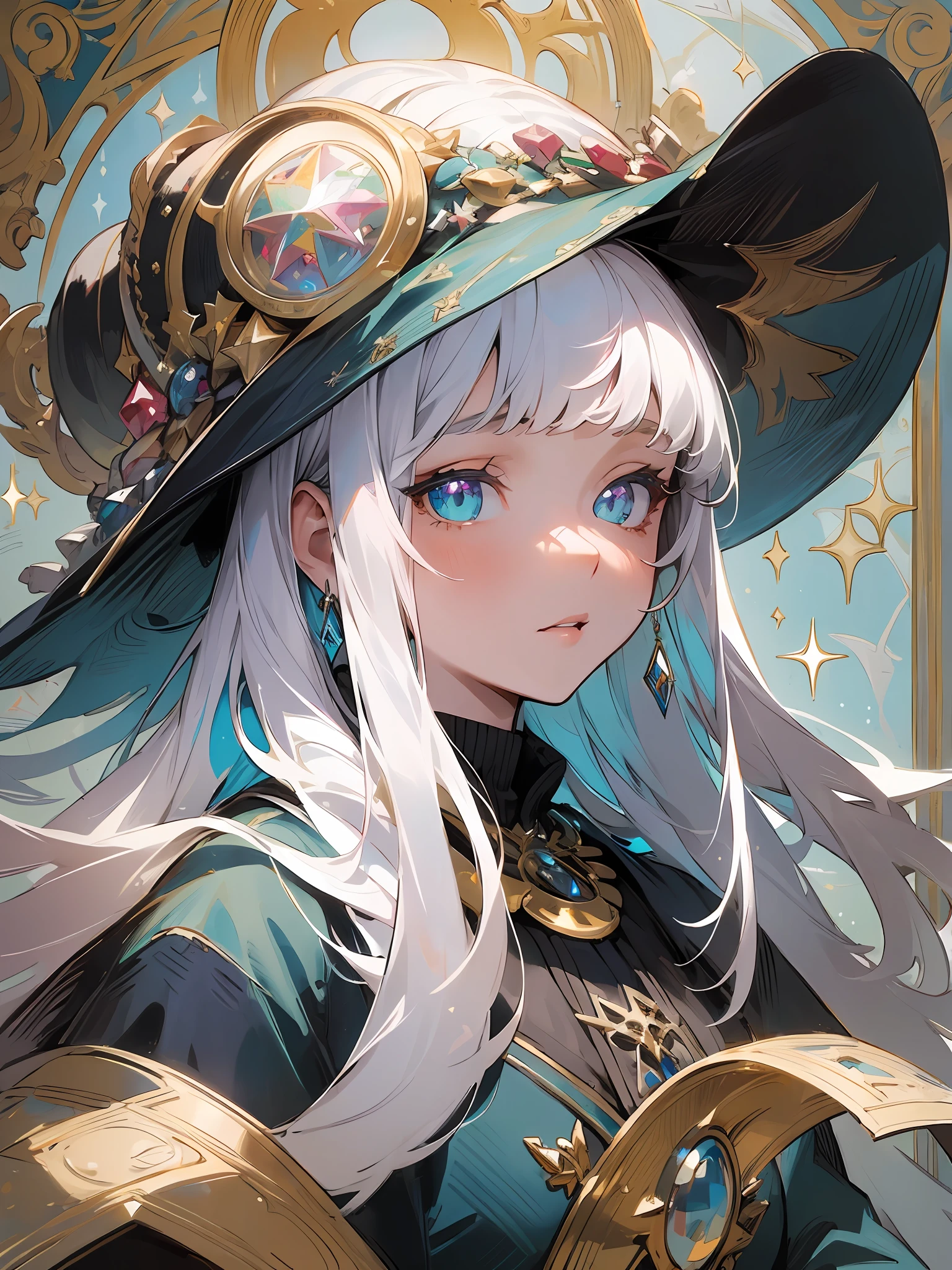 (masterpiece), (work of art), (amazing work), (detailed eyes), (delicate skin), (heterochromatic eyes), (multicolored), (short white hair with bangs), (sparkling eyes), (1girl) with witch's hat, ancient, old, wearing extravagant medieval clothes, masterpiece, best quality, best desinger, best illustration