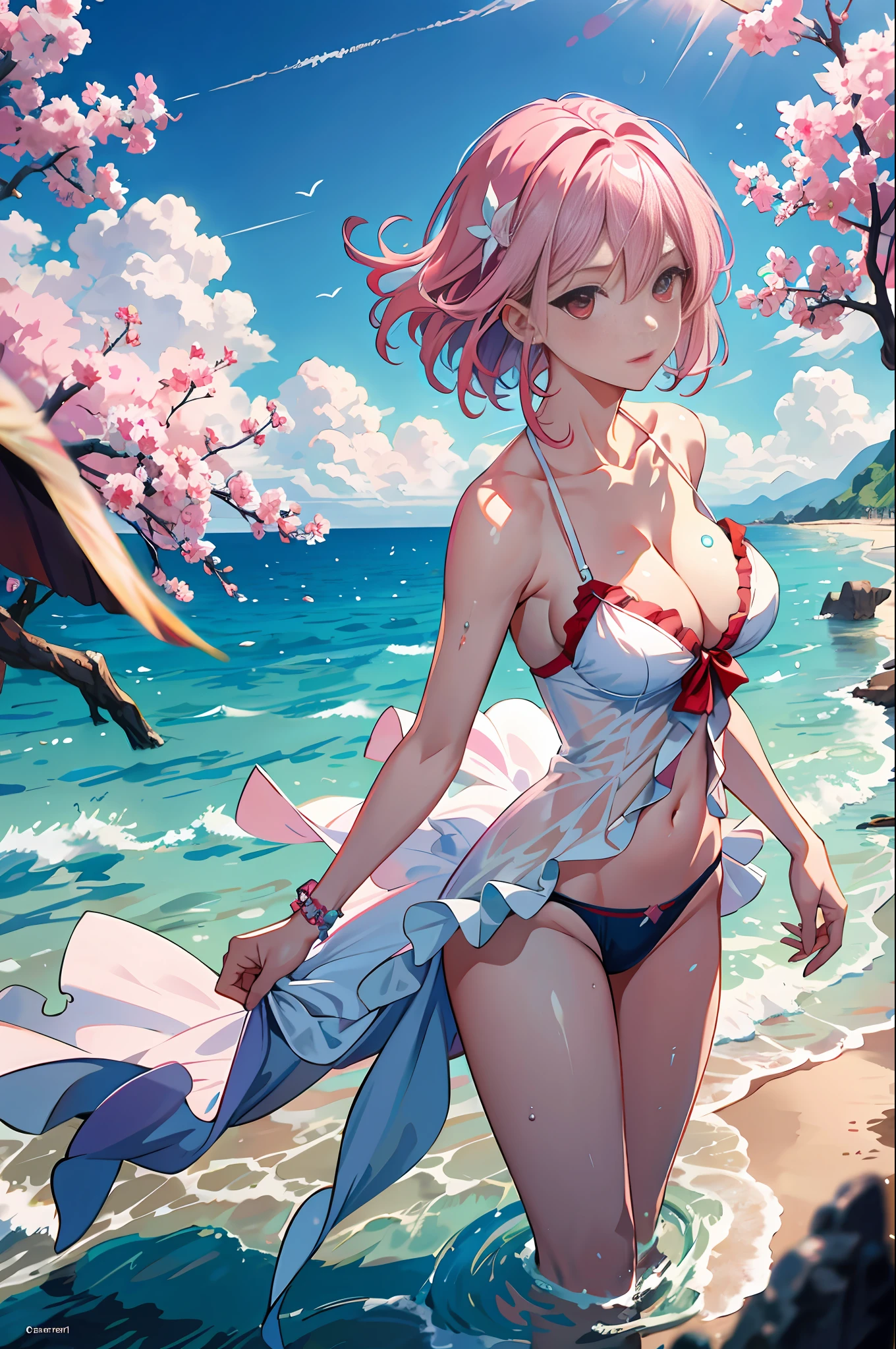 ACE, 4k, high resolution, masterpiece, best quality, model, standing in the water, seaside, sky, pretty, pink hair, beautiful delicate eyes, splash, looking from bottom up, large cleavage, red eyes