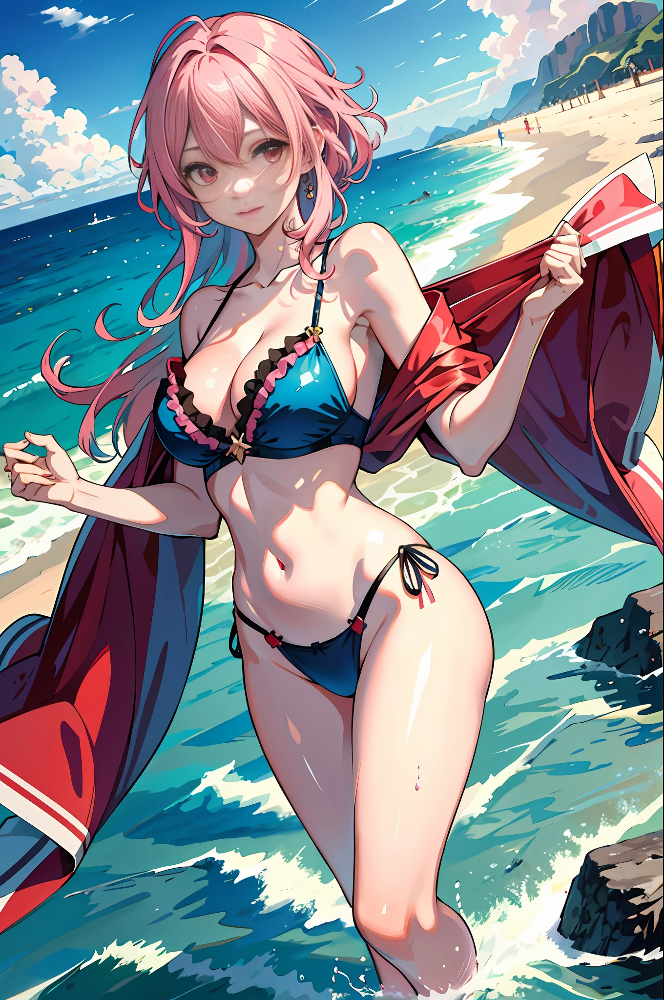 ACE, 4k, high resolution, masterpiece, best quality, model, standing in the water, seaside, sky, pretty, pink hair, beautiful delicate eyes, splash, looking from bottom up, large cleavage, red eyes