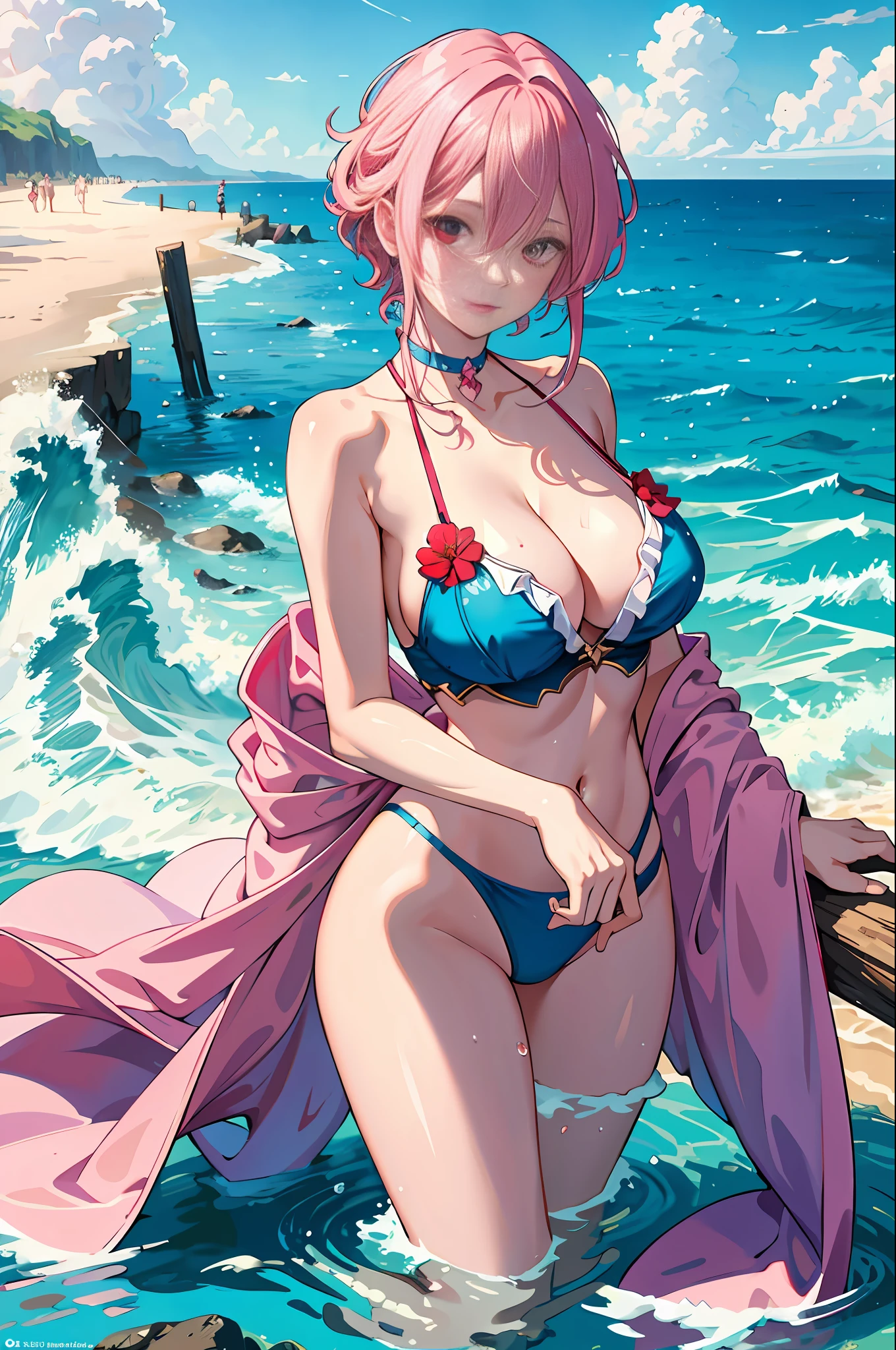 ACE, 4k, high resolution, masterpiece, best quality, model, standing in the water, seaside, sky, pretty, pink hair, beautiful delicate eyes, splash, looking from bottom up, large cleavage, red eyes