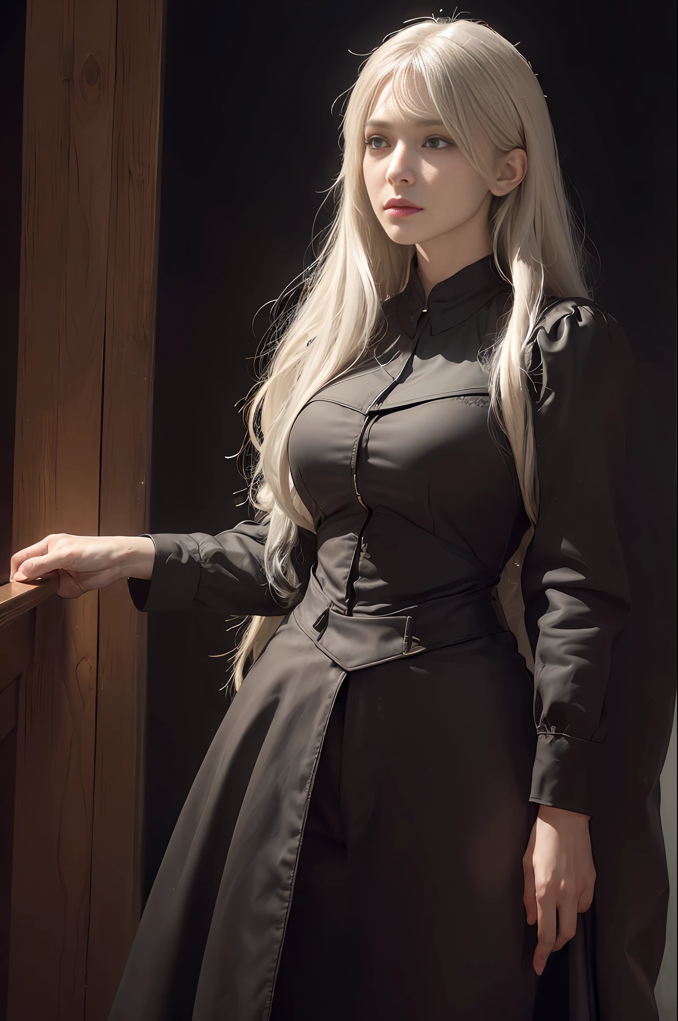 (front focus), (in the dark:1.6), Hyperrealist portrait of female by david hockney and alphonse mucha, fantasy art, photo realistic, dynamic lighting, artstation, poster, volumetric lighting, very detailed faces, 4 k, award winning, 1girl, in the dark, deep shadow, low key, cowboy shot, (official clothing:1.4), long hair, white hair