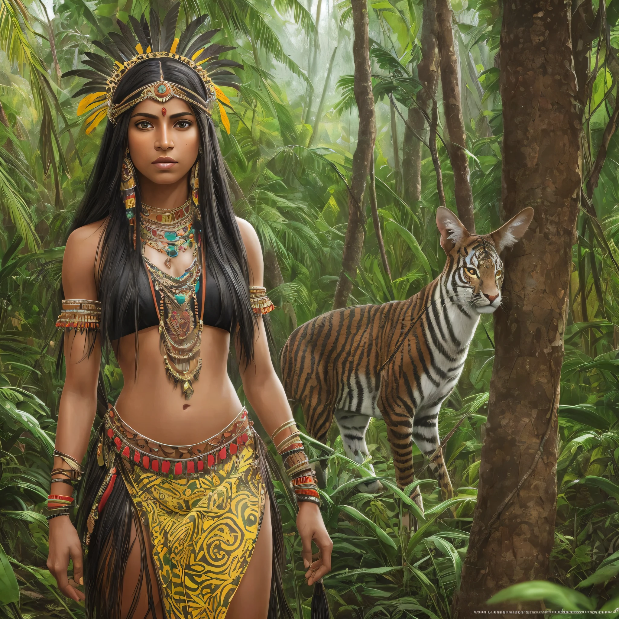 The image is an oil painting depicting a black Indian woman, a hunter in the Amazon rainforest. The image has a photographic aspect, with blur and graininess effects, which create a sense of movement and distance. The Indian is a young and beautiful woman, with long black hair, dark skin and bright eyes. She wears a short cotton dress, dyed red with annatto, which reveals her forms and her agility. She has several necklaces and bracelets of seeds, feathers and teeth of animals, which show her connection with nature and her culture. She has body paintings of geometric shapes, made with jenipapo and annatto, which indicate her identity and her function as a hunter. She carries on her back a bow and arrow, which she uses to hunt her prey. She's in an alert position, looking to the side, as if she's following a trail or hearing a sound. The background of the image is a landscape of the Amazon rainforest, with trees, plants and animals. The colors are green, brown and yellow, but with soft and diffuse tones, which contrast with the figure of India. Sunlight illuminates the scene, but also creates shadows and reflections, which give depth and perspective to the painting. The image is a realistic and poetic depiction of the Indian hunter in the Amazon rainforest, in the style of Gerhard Richter. --auto --s2